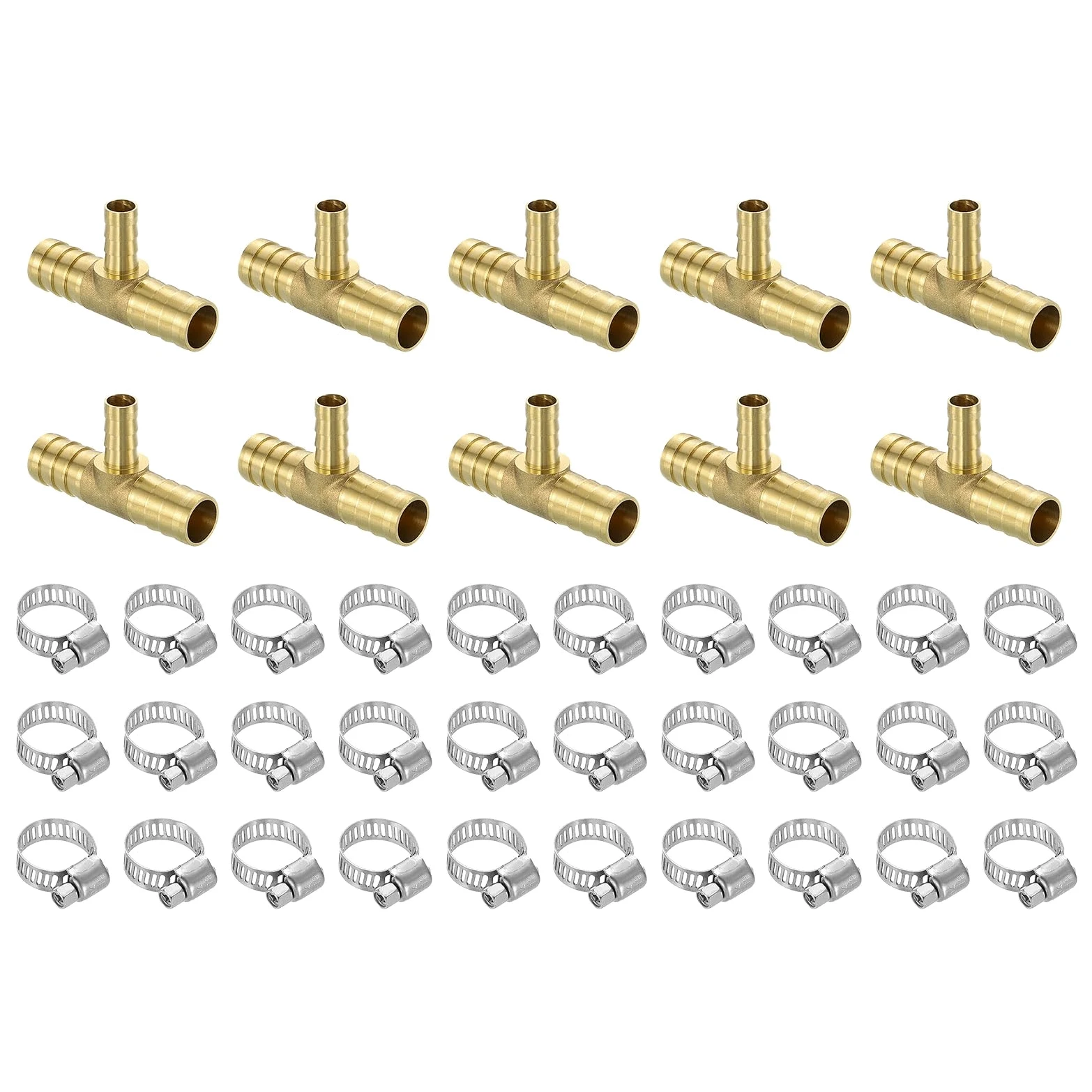 QUARKZMAN 10 piezas de Conectores de Manguera de Latón, Tee de 3 vías 5/8" Barbed x 3/8" Barbed x 5/8" Barbed Reductor de Manguera, Conector de Tee de Latón con 30 abrazaderas de manguera