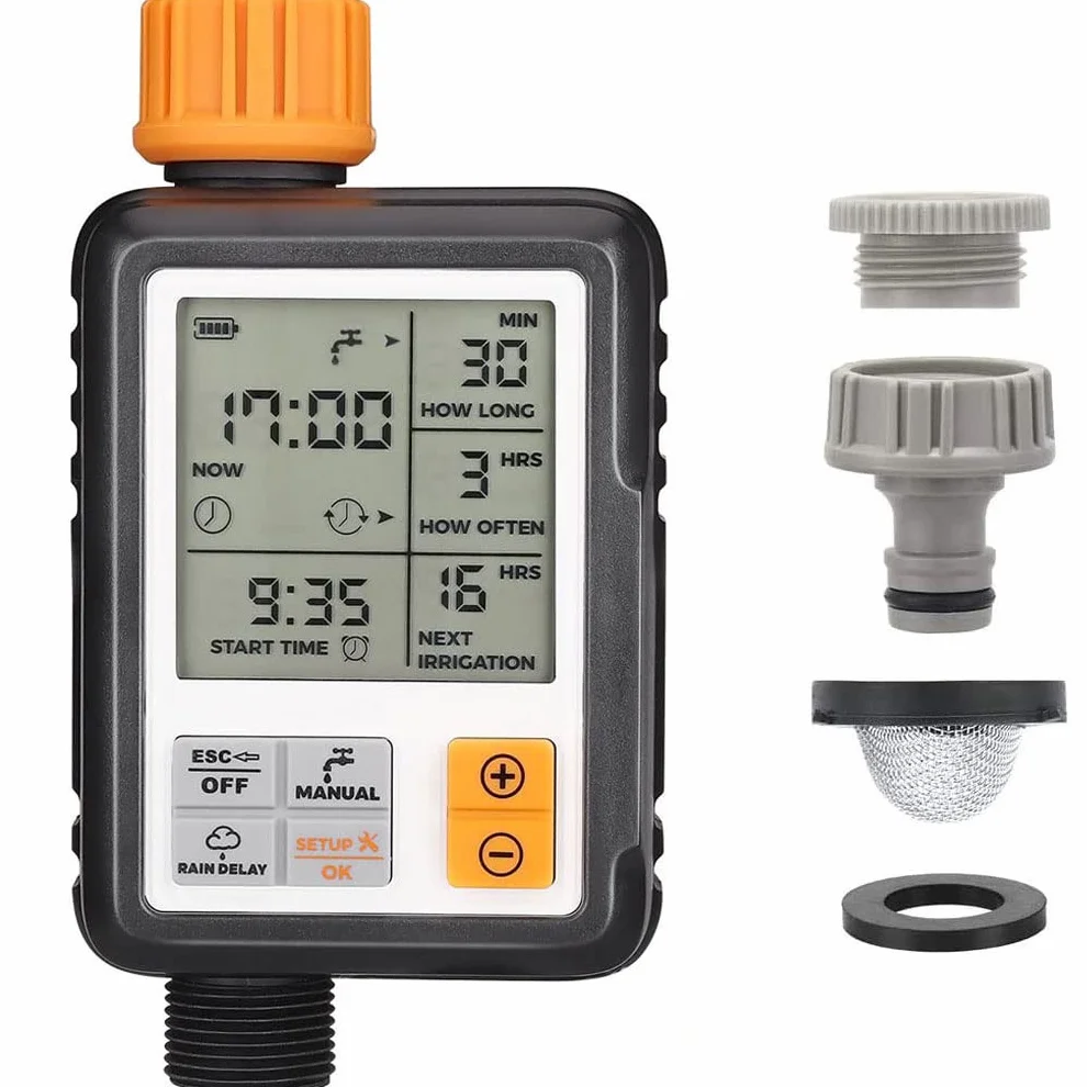 Johgee Temporizador de Riego Automatico Jardín, El Acoplamiento de Grifo de Agua ½ y ¾ Son Aplicables, Programa de Memoria Permanente, Programador de Riego Automático con Pantalla 3 ” LCD