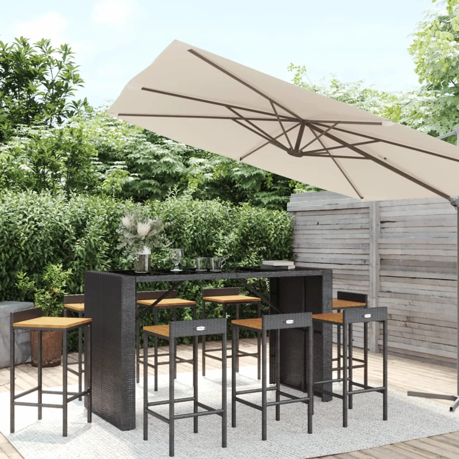 Mesa Bar y taburetes jardín 9 pzas Mesa Cocina con sillas Mesa Alta Exterior mesas Altas y taburetes Juego de Mesa de Bar Madera Acacia ratán PE Negro 3187688