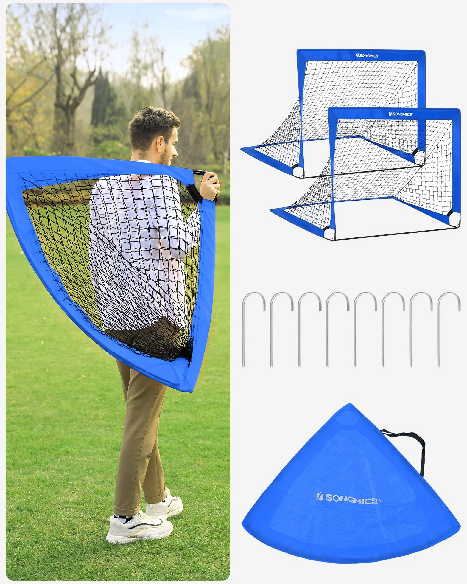 SONGMICS Porterías de Fútbol Plegables para Niños, Fibra de Vidrio Elástica, Tela Oxford, Juego de 2