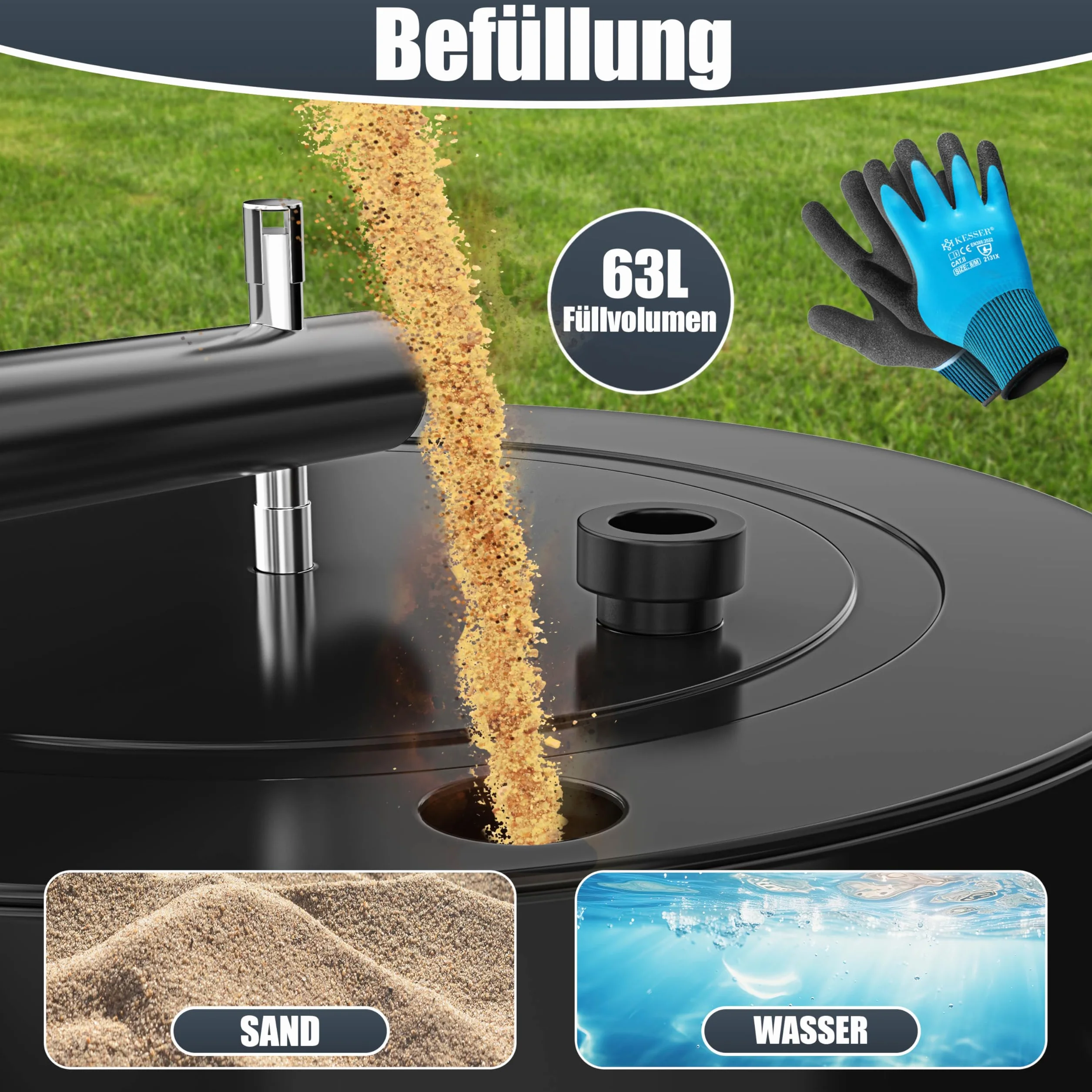 KESSER Rodillo de césped de metal rellenable con agua o arena con 63 litros de volumen y 99 cm de ancho | rodillo de jardín incluye guantes | rodillo manual de césped en negro