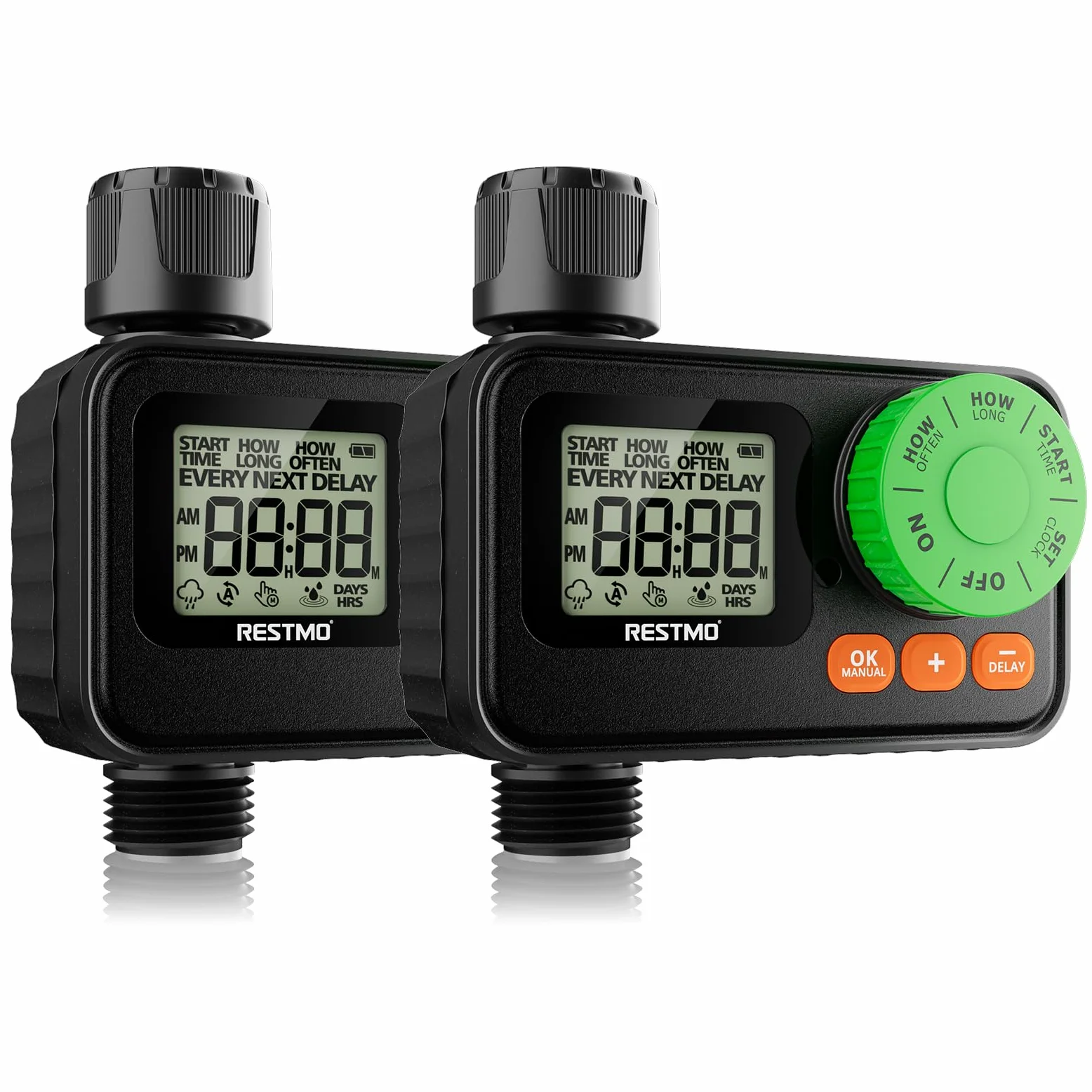 Pack de 2 Ordenadores de riego de 1 Zona, Temporizador Digital para riego de jardín, automático/Manual/retraso de Lluvia, hasta 11 h 59 min – Temporizador de riego para Manguera de jardín