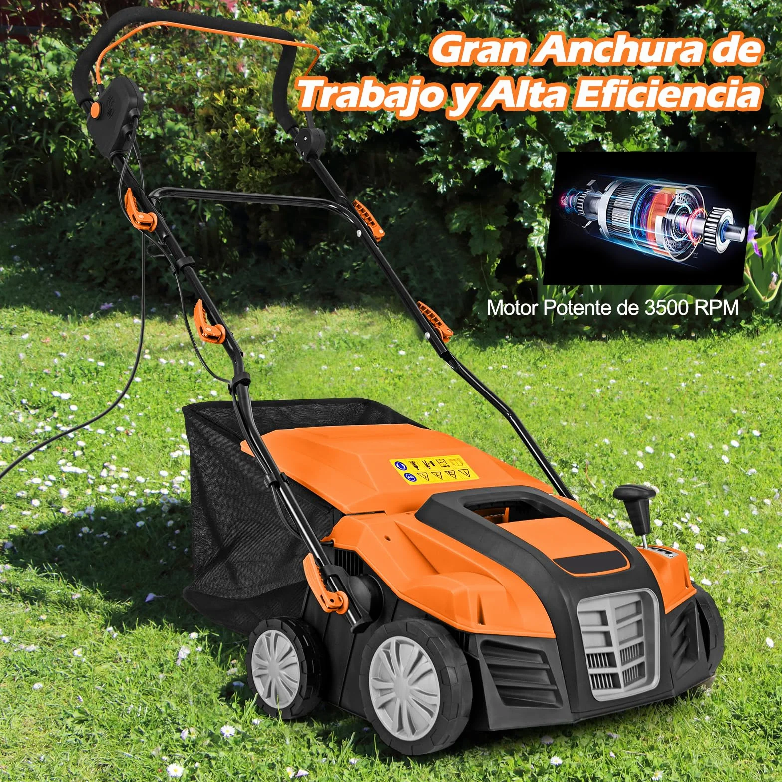 GOPLUS Escarificador Eléctrico, Cortacésped de Empuje con Ajuste de Profundidad de 5 Posiciones, Bolsa de Recolección Desmontable 55 L, Rastrillo Eléctrico Plegable para Cuidado del Césped (Naranja)