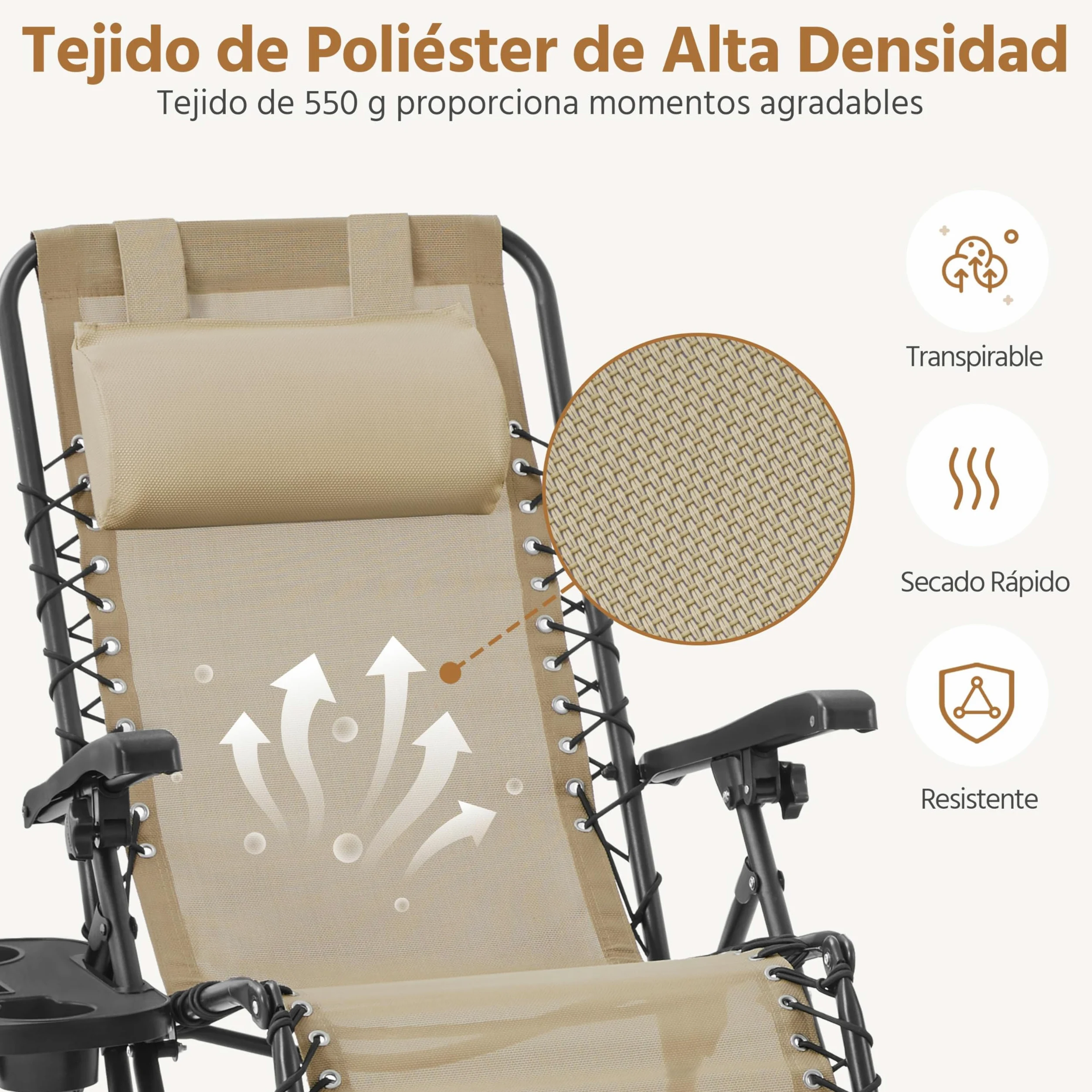 Yaheetech 2 Tumbonas o Sillas de Exterior Plegables y reclinables, con Mesa Auxiliar, Portavasos, Reposacabezas, Tumbonas de Gravedad Cero con Respaldo Ajustable, para Patio, Piscina, Beige