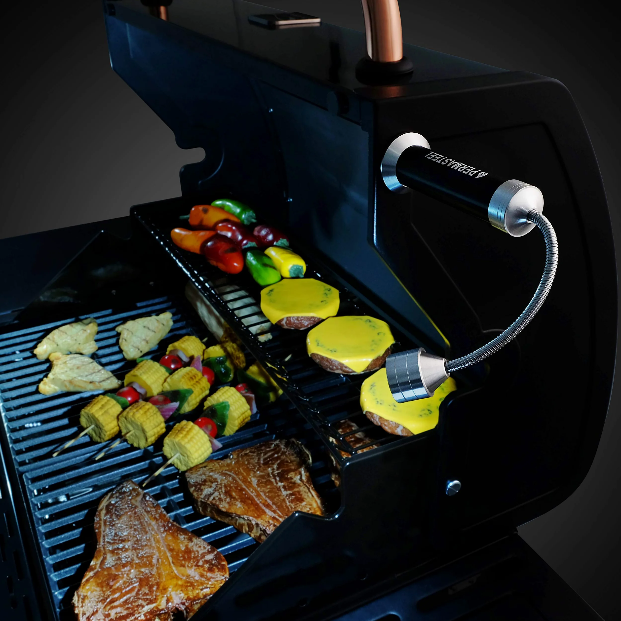 Permasteel Accesorios Barbacoa | Luz para Parrilla con Base Magnética y Resistente Calor | Lámpara LED para Exteriores | Lámpara de Parrilla Ajustable con Baterías | Paquete de 2 Piezas
