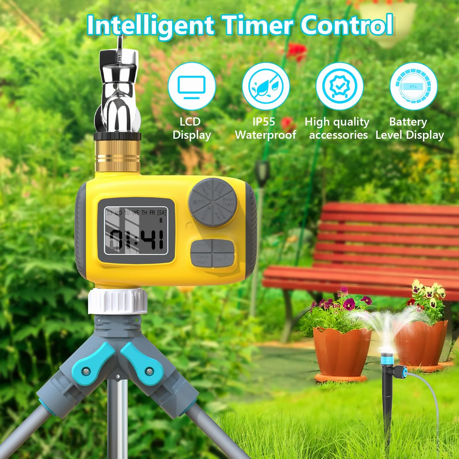 Sistema de Riego Automático Temporizadores de Mangueras,Kit de Riego con Pantalla LCD Adecuado,3 programas de riego independientes y 3 tipos de emisores por goteo,para Jardín/Invernadero/Césped