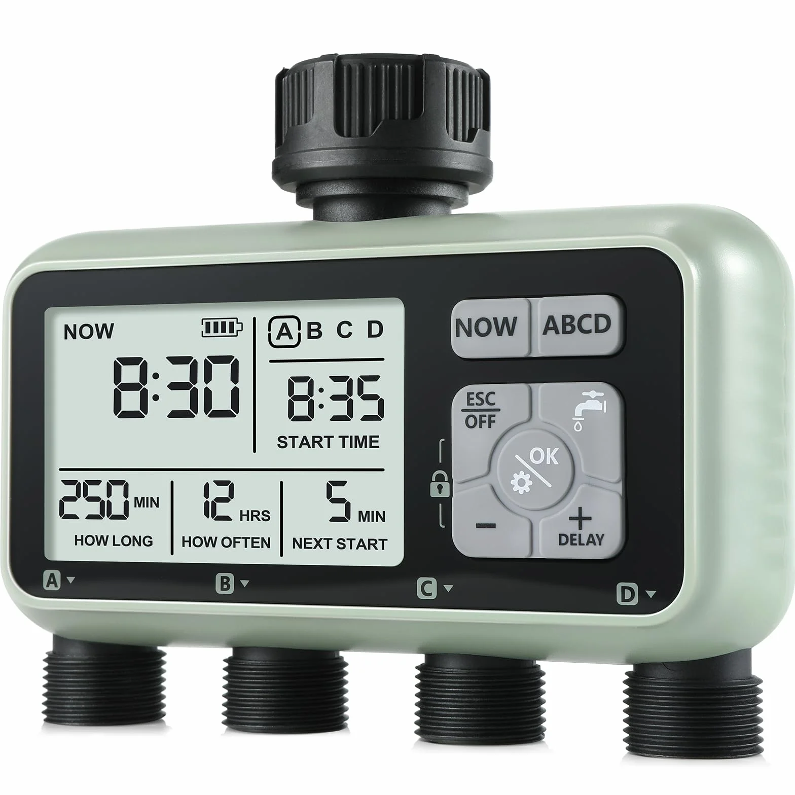 CROSOFMI Programador Riego Automatico Jardin Temporizador Riego con 4 Salidas Independientes Pantalla LCD/Operación fácil/Bloqueo para niños/Retraso por Lluvia intensa/Riego Manual