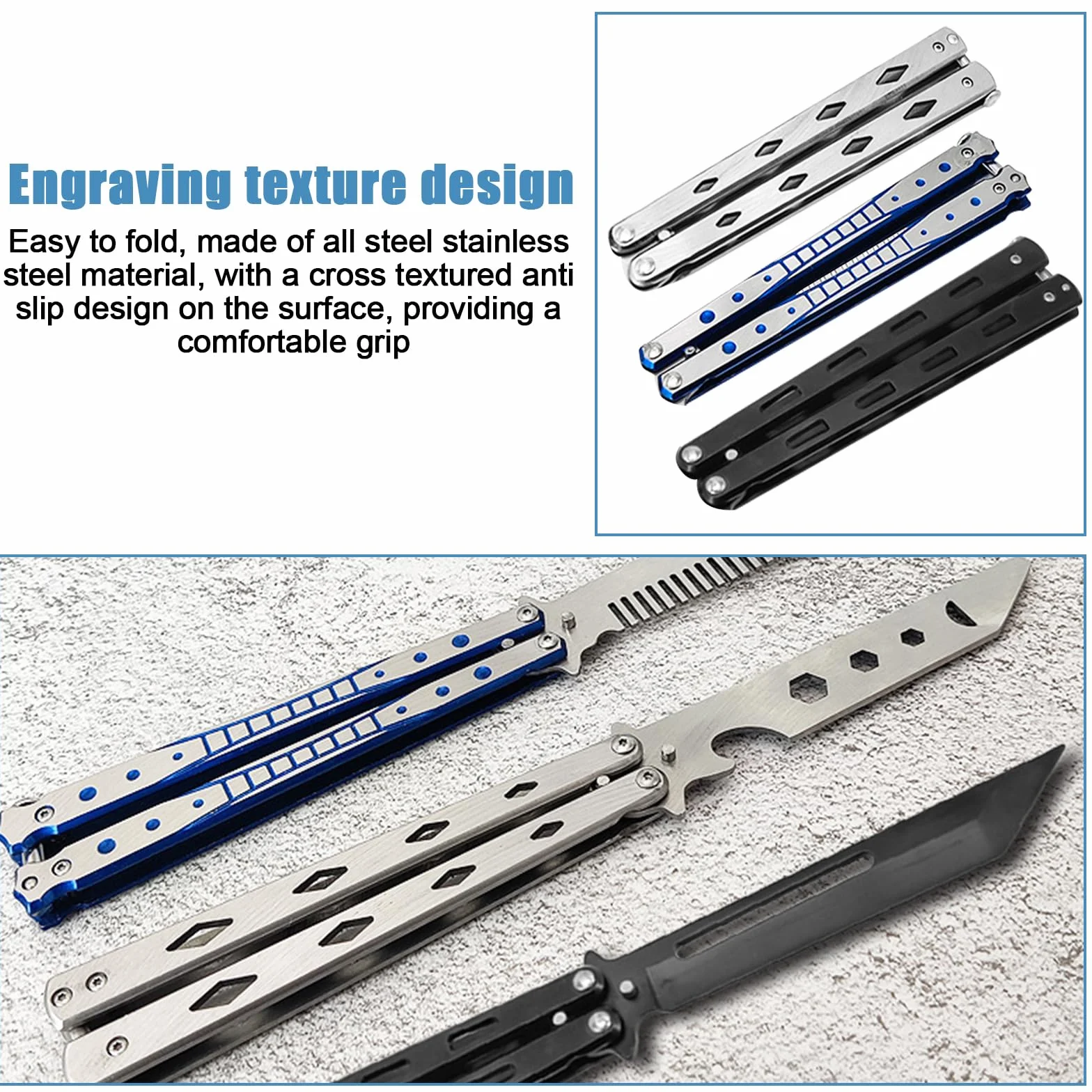 Navaja mariposa entrenamiento acero inoxidable hoja desafilada 3 unidades principiantes trucos plata negro azul