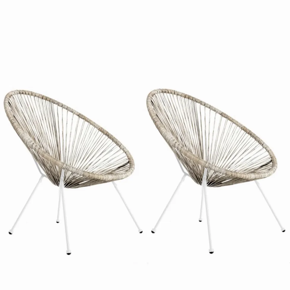 LOLAhome Pack 2 Sillones de jardín Acapulco Color Natural| Cuerdas de Rattan PE y Acero Blanco| 72x77x84 cm | con Topes de Goma, Resistente hasta 120kg | para Interior y Exterior | Acapulco