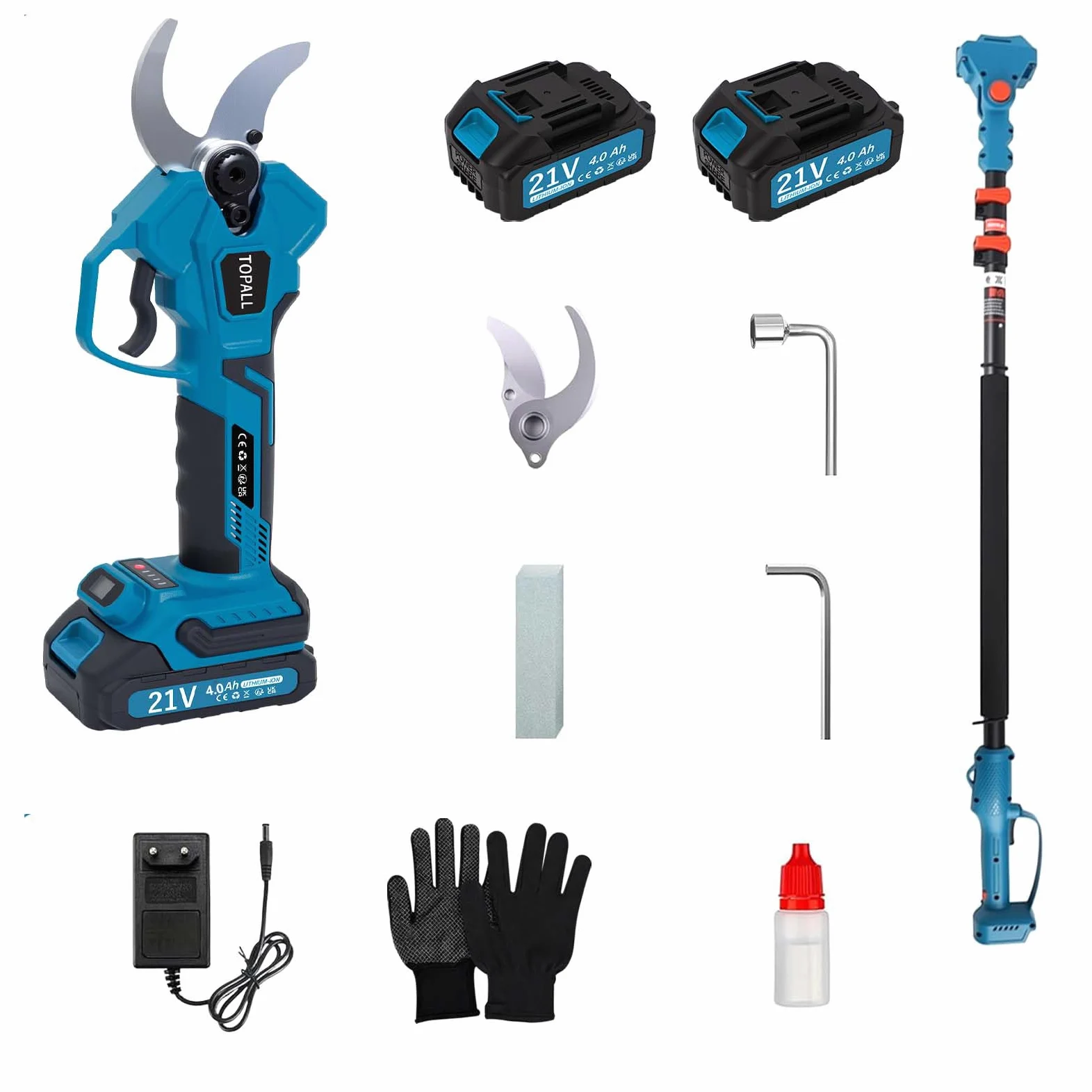 TOPALL Tijeras de Podar Electricas, 40MM Tijeras de Podar Bateria con Palo Telescópicas – Hasta 5M de Alcance, Profesionales Podadora Electrica con 2x4000mAh | 800W Motor Sin Escobillas | Pantalla LCD