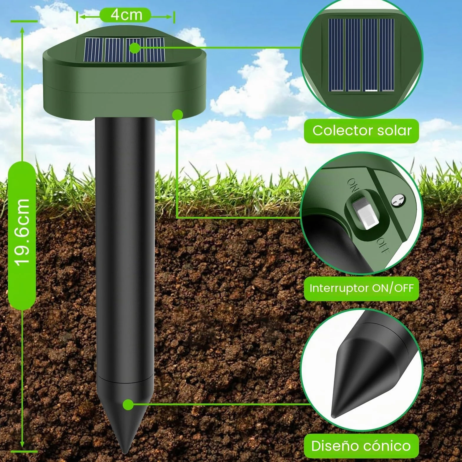 Solar Ultrasónico Ahuyentador de Topos 8 Piezas, Impermeable Repelente para Ratas Ultrasónico Solar Se Utiliza para Repeler Topos, Topillos, Serpientes y Lagartos Protege el Césped y Los Jardines