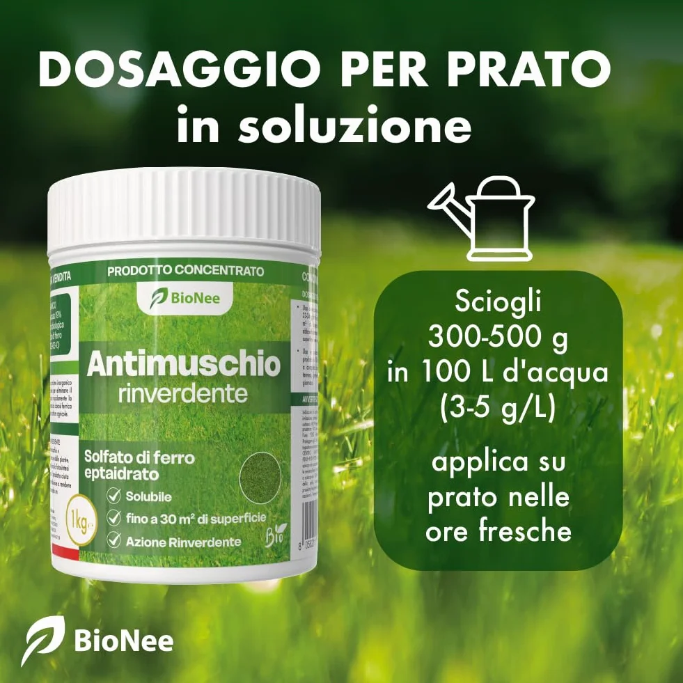 Antimusgo revitalizante 1 kg – Sulfato de hierro concentrado – Acción rápida contra musgo, clorosis férrica y reverdecimiento del césped – Permitido en agricultura biológica