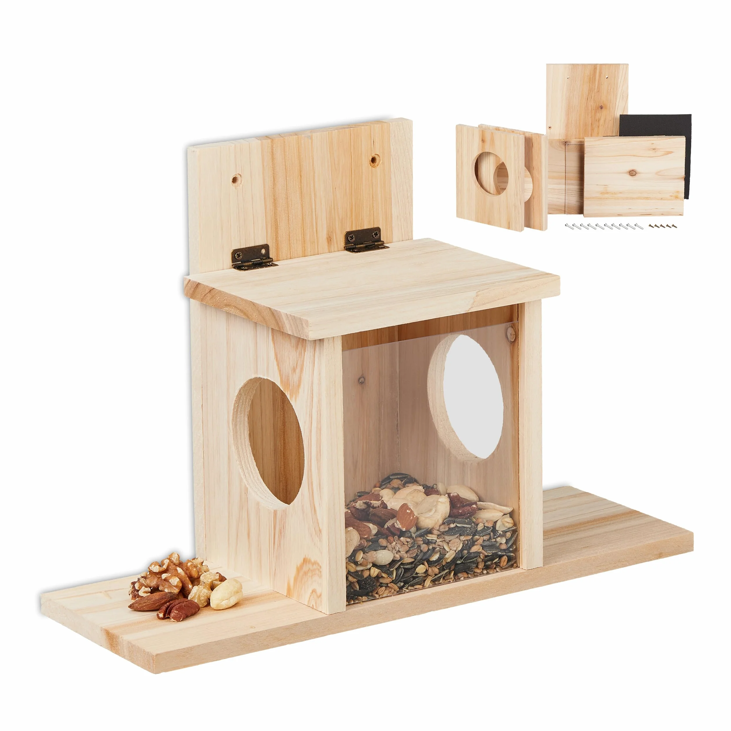 Relaxdays Kit de construcción alimentación Comedero para Ardillas DIY, Casa Alimentadora para Montar, Madera, 2 Entradas y Plataforma, Colgante, Natural, 24 x 35 x 13 cm