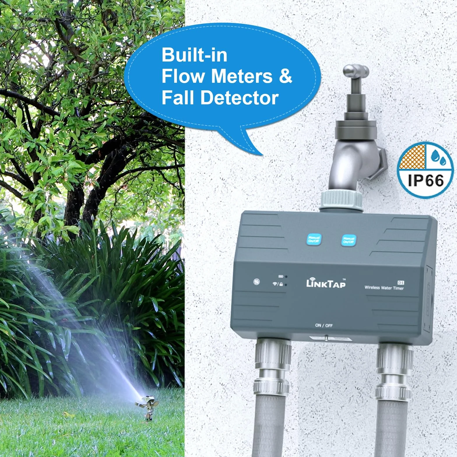 LinkTap D1 Programador Riego Inteligente con Gateway, 2 Zonas Separadas, Medidores de Flujo Integrados, Adaptable al Clima, Rango Más Amplio Que WiFi, Detección de Fallos en Tiempo Real, IP66
