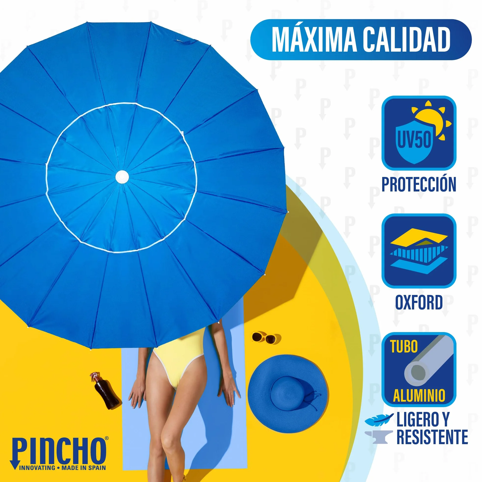 Pincho Sombrilla Playa Grande 240 Cm, Antiviento Hasta 35Km/H, Proteccion UV 50, Tubo Aluminio, 16 Varillas Fibra Vidrio, Palo Reclinable, Sombrilla Plegable Playa, Ligera, Bolsa Transporte
