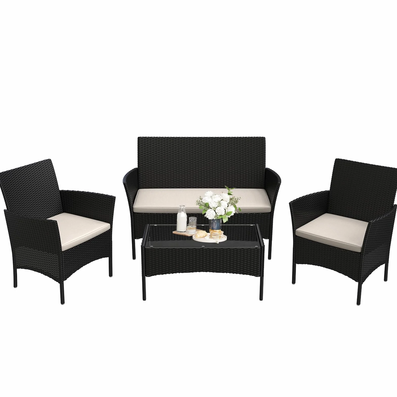 bigzzia. Juego de Muebles de jardín de ratán, 4 Piezas, Muebles de Mimbre para Patio, 2 sillones, 1 sofá de Dos Lugares y 1 Mesa (Negro)