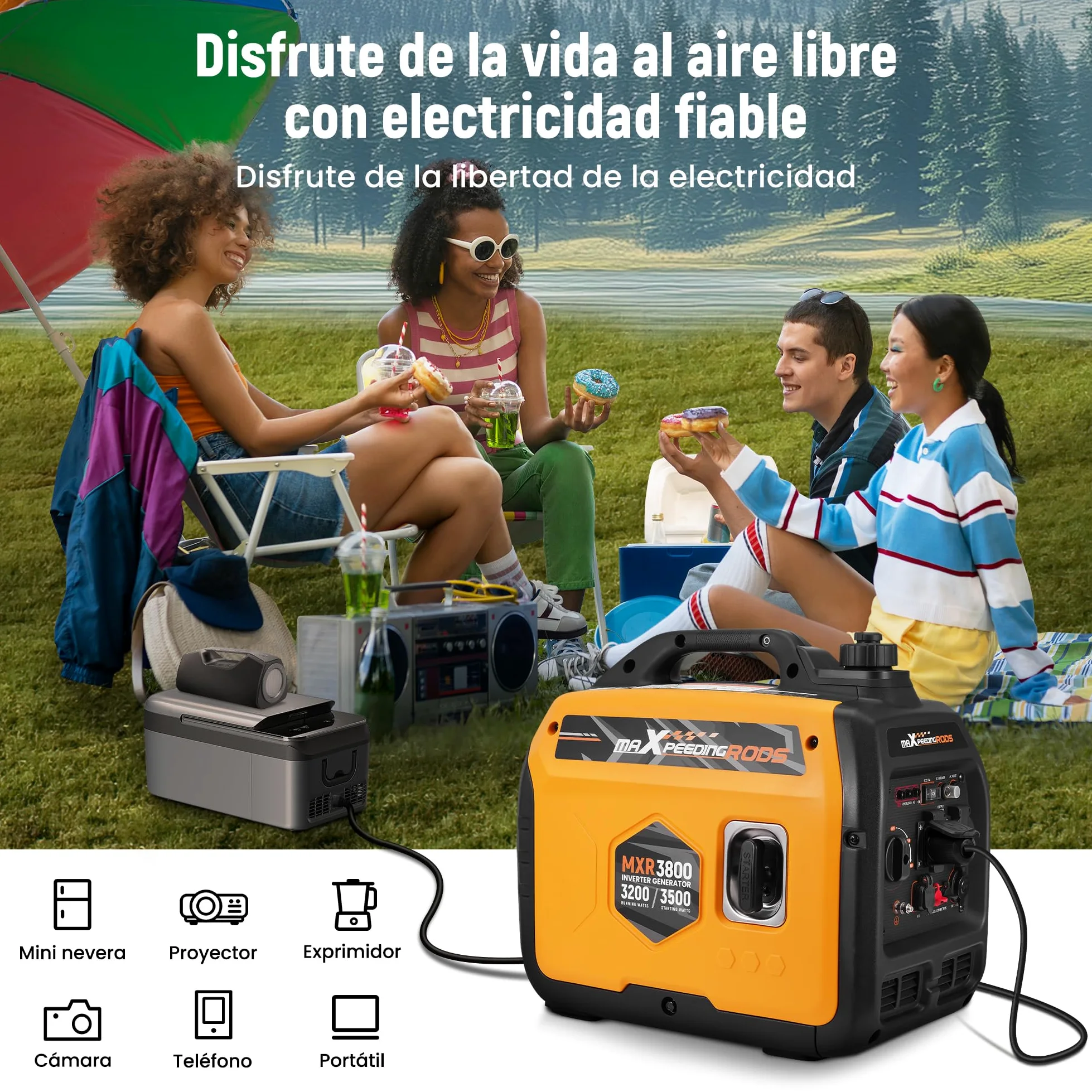 maXpeedingrods 3500W Generador Electrico Gasolina, Silencioso y Ligero | 4 Tiempos Generador de Inverter, Modelo ECO con 2x 230 V, 2x USB para Camping, Caravana, Construcción y Emergencias