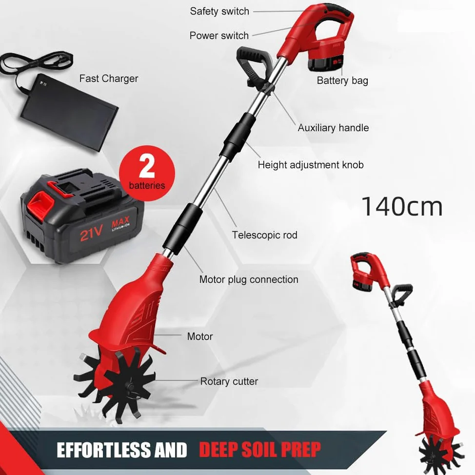Motoazada Electrica 500W, Motoazada Bateria Inalámbrica Portátil, Ancho de Labranza 20 cm Profundidad de Labranza 15 cm 2 Baterías de 3000 mAh, Motocultor para Labrar y Suavizar el Suelo