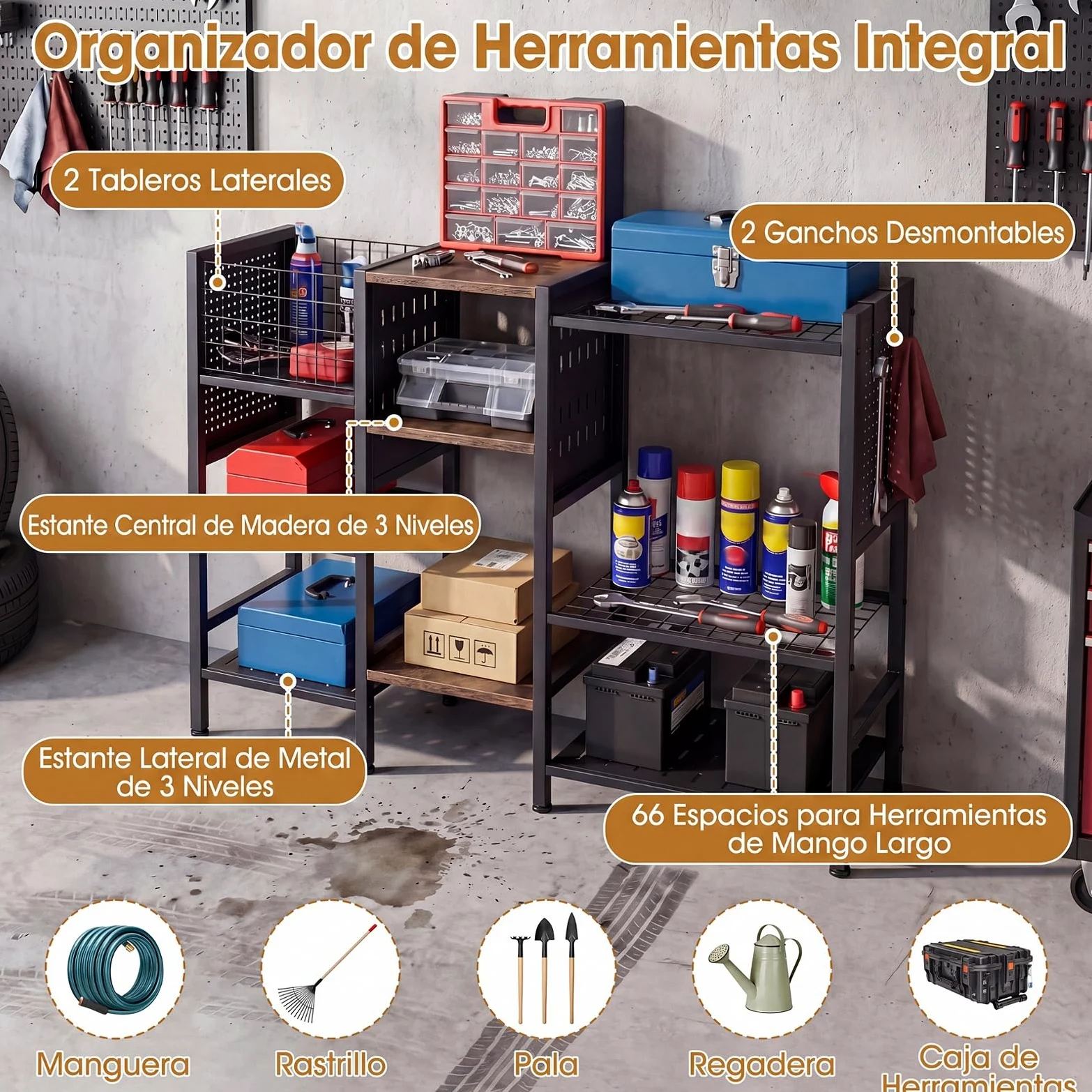 COSTWAY Organizador Herramientas de Jardín, 66 Ranuras, 100 x 29 x 80 cm | Estantería de Metal, Paneles Perforados, Ganchos, Soporte para Herramientas para Garaje, Taller, Escobas de Mango Largo