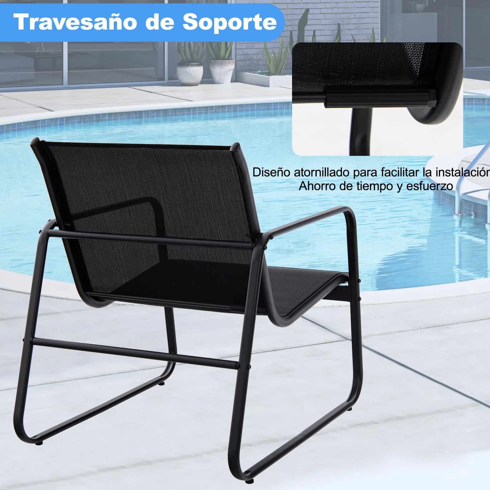 COSTWAY Conjunto Mesa y Sillas Jardin 3 Piezas, Conjunto Jardin Exterior Mesa y Sillas, 2 Siilas de Tela Transpirable y 1 Mesa Encimera de Vidrio Templado,Terraza Balcón (Negro)