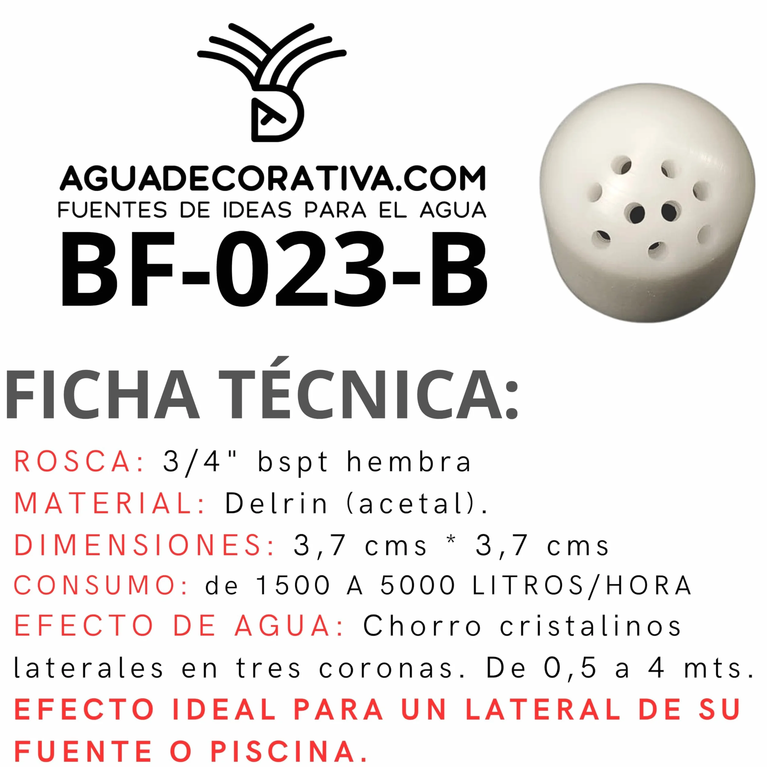 Boquilla para Fuentes de Jardín de Chorros Cristalinos Laterales Arco Iris 3/4" Bspt Hembra Toberas Caños Tobera Ornamental (BF-023-B)