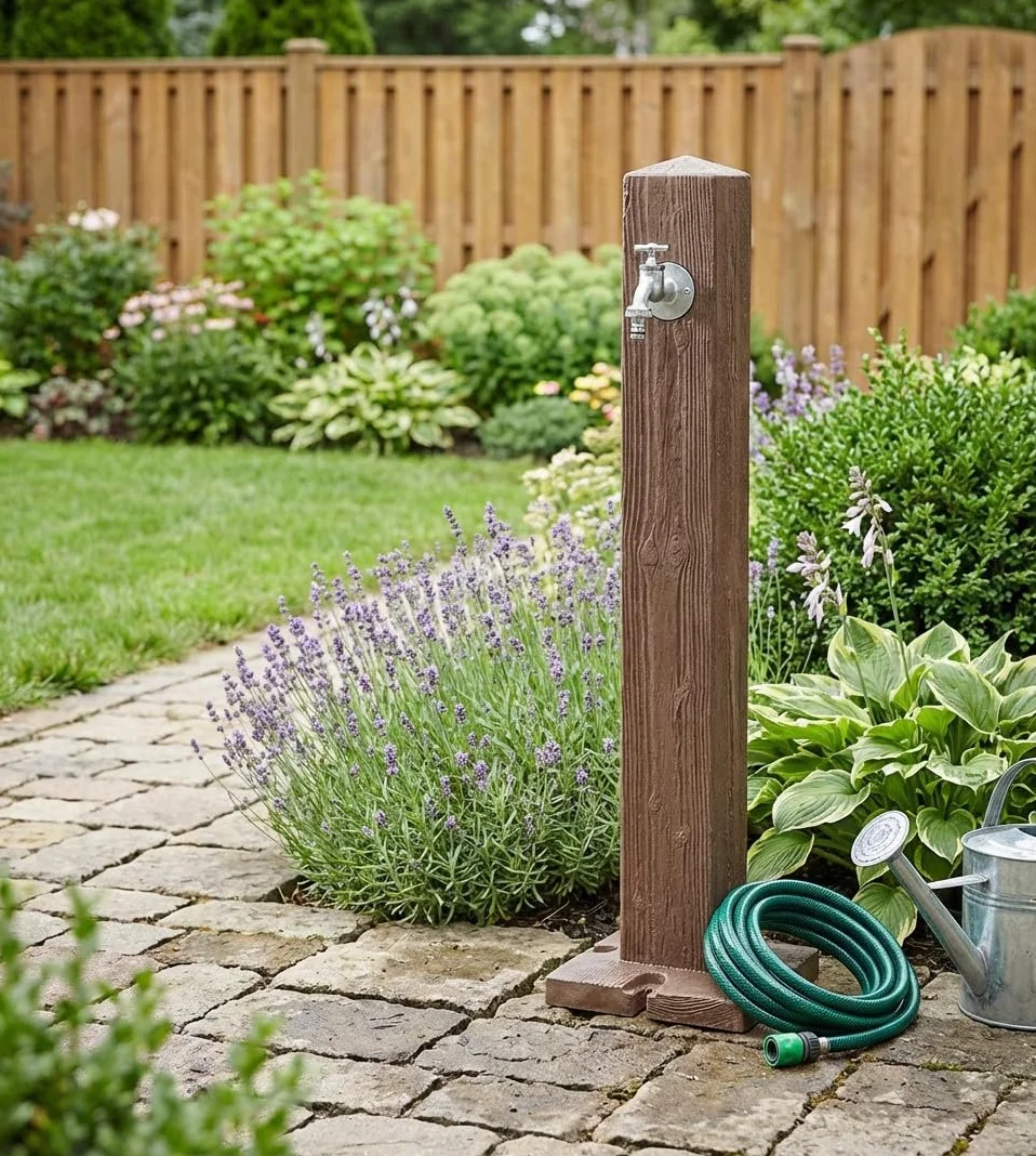 Fuente de Jardin Decorativa Imitación Madera Oscura + Grifo, Altura 100 cm | Fuente de Agua Rustica para Decoración Exterior | Fuentes para Jardines