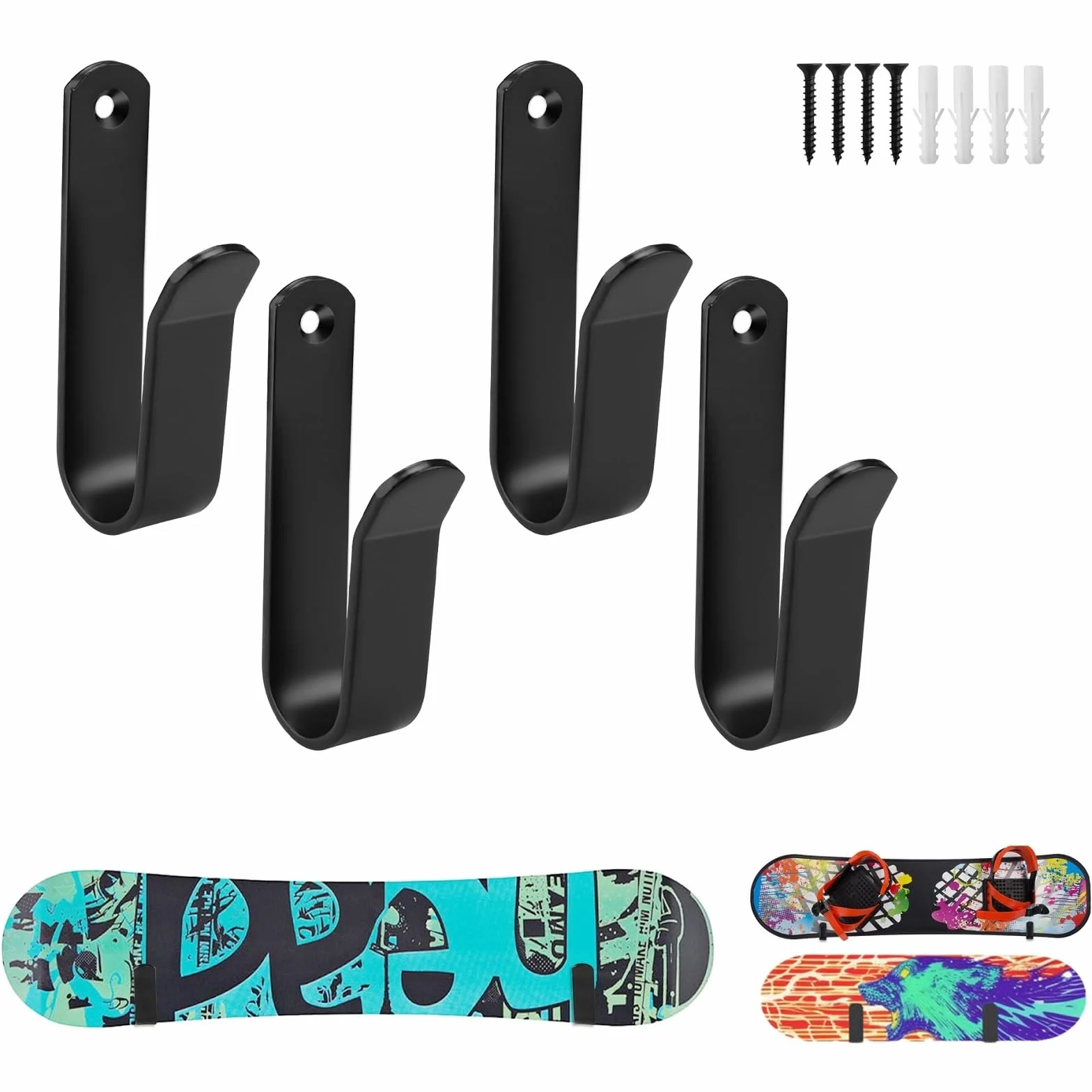 Soporte de Pared para Snowboard, Estante de Exhibición para Esquís, Tablas de Snowboard, Longboards y Patinetas, 4 Piezas
