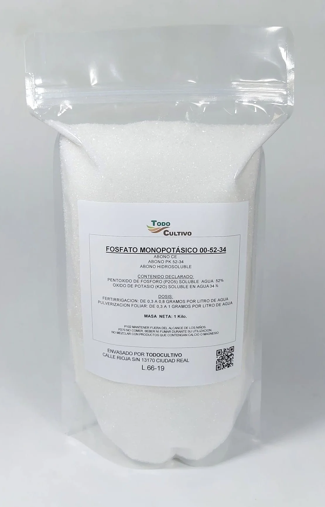 monopotásico 00-52-34 (MKP) KH₂PO₄ Hidrosoluble cristalino y foliar 1 Kilo monopotasio Utilizado para cuajado y la maduración de los Frutos de arboles y arbustos.