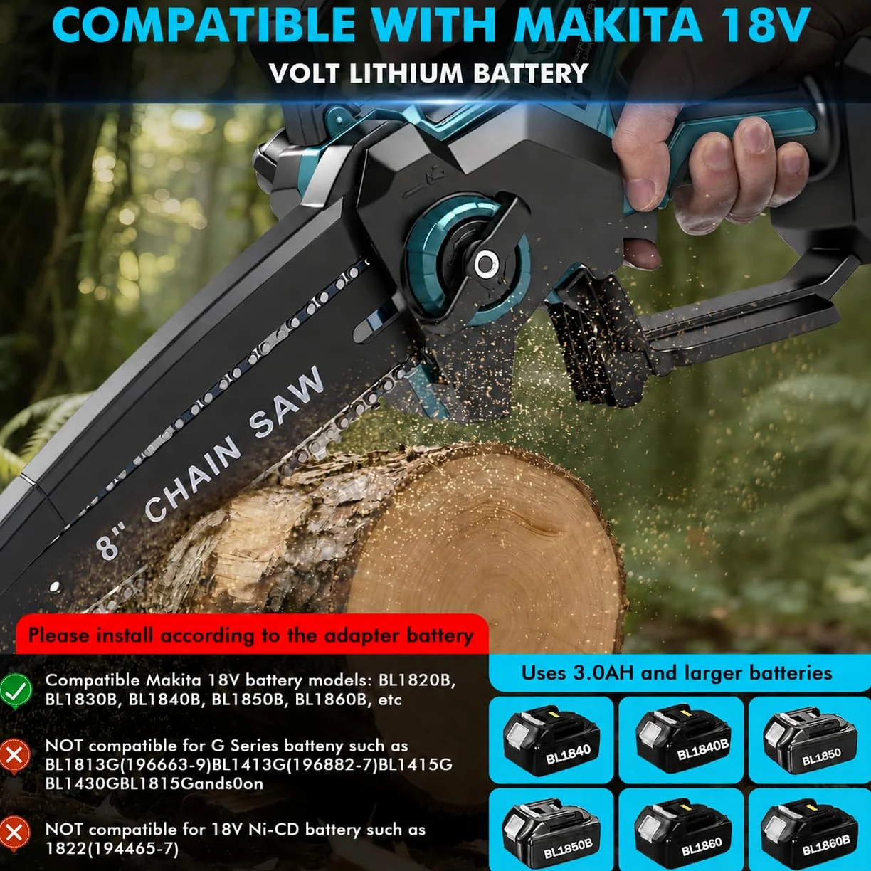 Motosierra Batería 8 Pulgadas, Mini Motosierra Inalámbrica 2x3000mAh, 18V | Motosierra Eléctrica, con 2 Cadenas, Tensión de Cadena y Lubricación sin Herramientas, Brushless, para Jardinería y Árboles