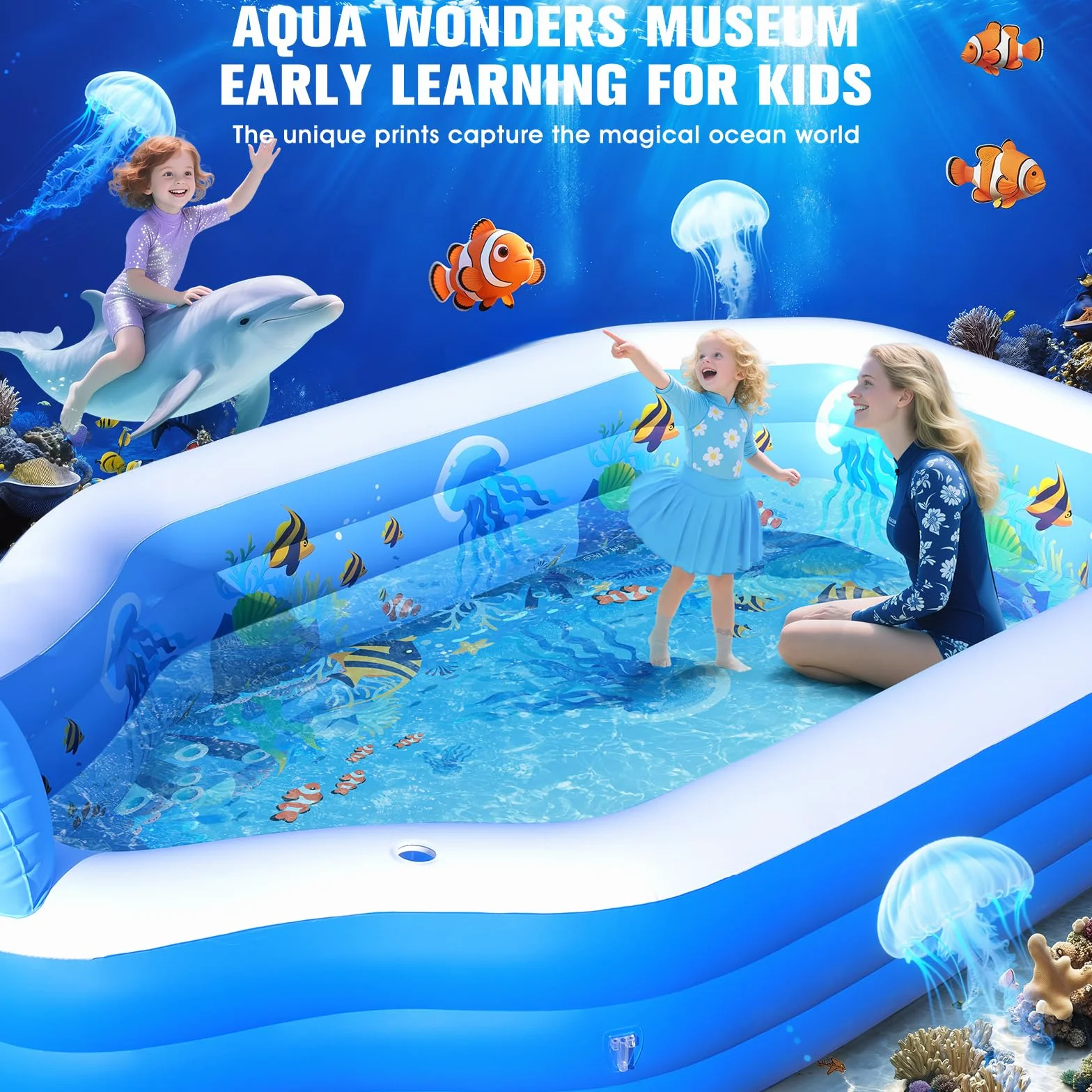 ChlorBlu Piscina Hinchable Grande con Toldo, 300x190x55cm Piscina Hinchable Adultos, Piscinas Hinchable Rectangular Resistentes y Gruesas, Piscinas Hinchable Familiar para Jardín Exterior