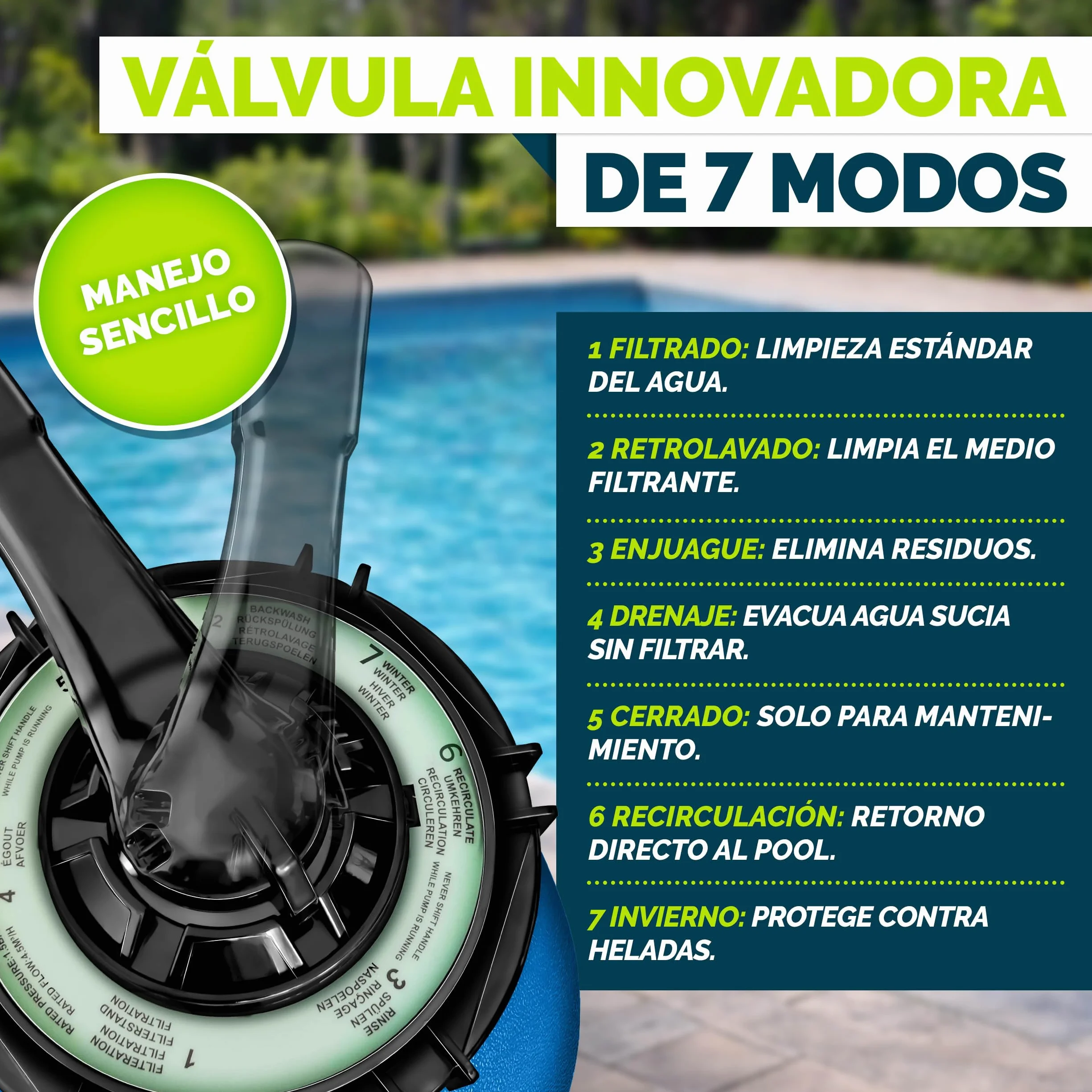 tillvex Depuradora de Agua para Piscina 7.900L/h + 400g Bolas de Filtro | 7 Funciones de Filtrado & Adaptador Ø32-38mm | Filtro de piscina con indicador de presión (Azul)