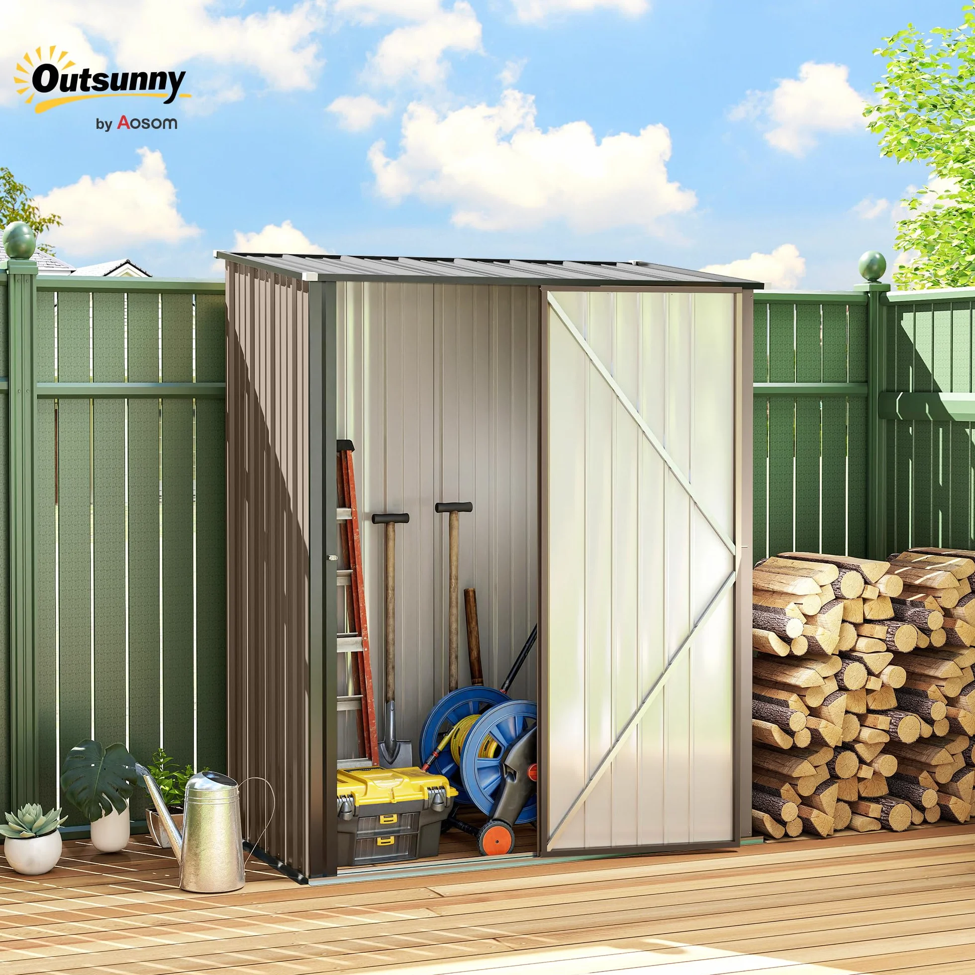 Outsunny Cobertizo de Jardín Exterior 1,34 m² 161,5x94,5x196 cm Caseta de Jardín Exterior Metálica con 1 Puerta y Cerradura para Almacenamiento de Herramientas para Patio Terraza Marrón
