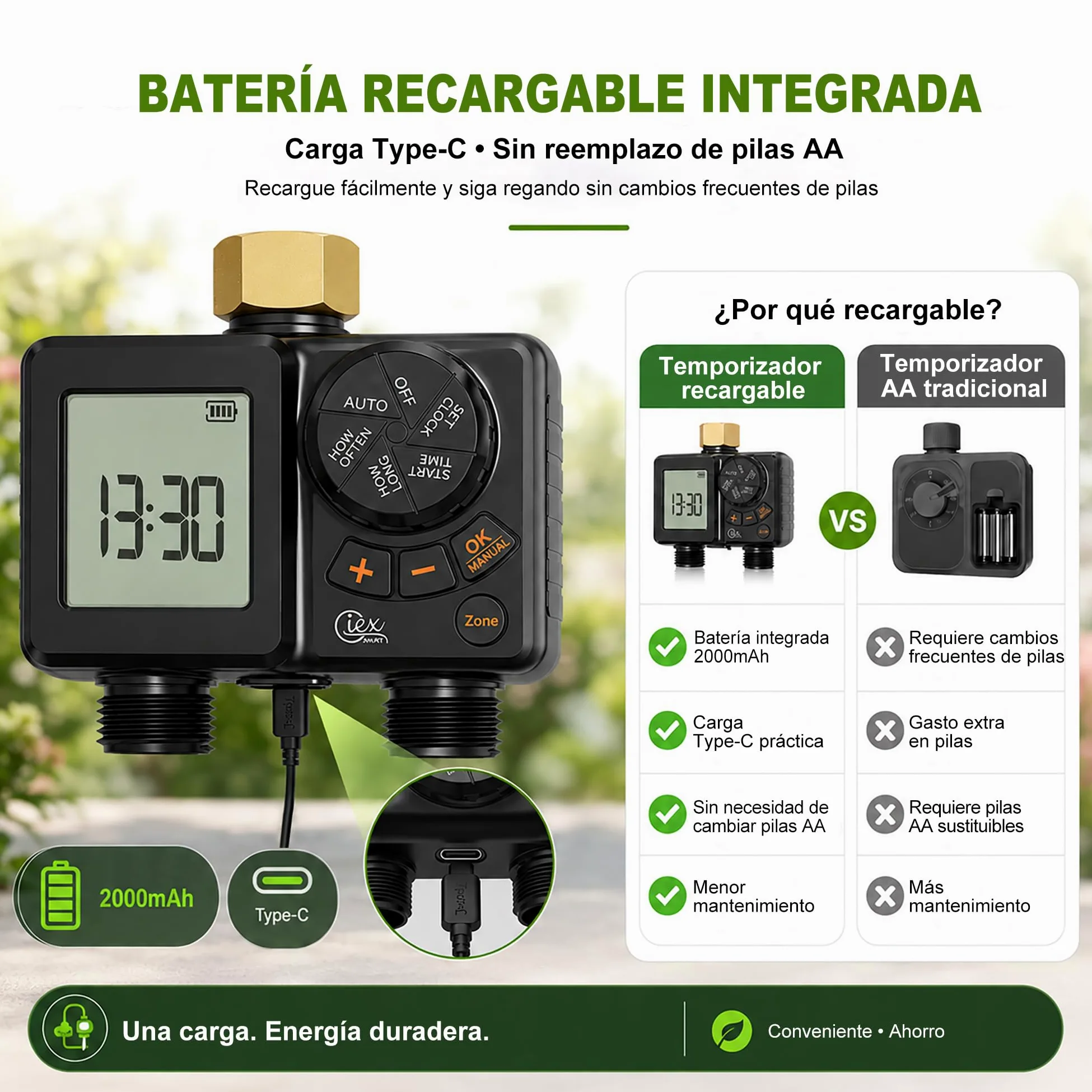 GIEX - Ordenador de riego de 2 vías, temporizador de riego recargable, 2 zonas con conexión de latón, temporizador de agua programable con IP66, retardo de lluvia y riego manual para jardín, césped