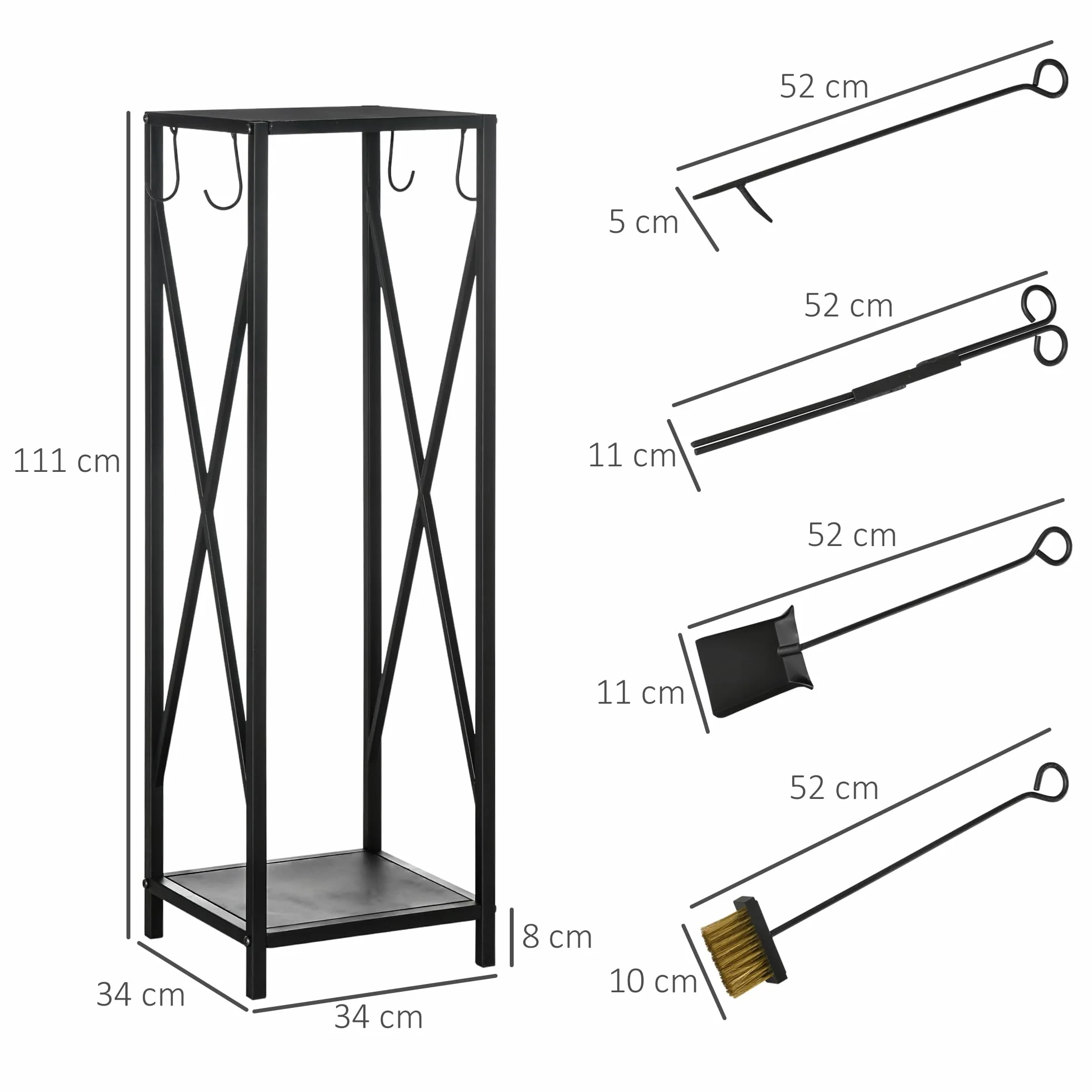 Outsunny Soporte para Leña Estante de Leña Metálico Leñero de Exterior con Ganchos Pala Cepillo Atizador y Tenazas Carga 65 kg para Interior y Exterior 34x34x111 cm Negro