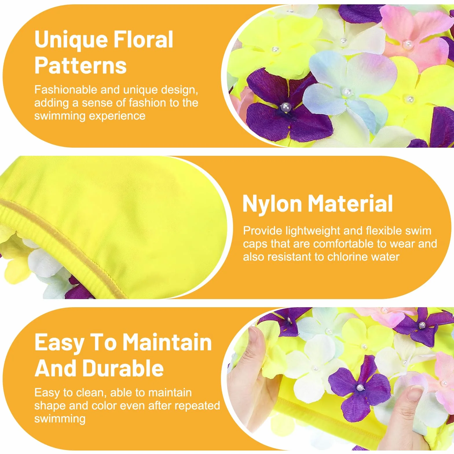 Gorro Natación Mujer con Flores 3D Nylon Ligero Elástico Retro Cómodo Cabello Largo Corto