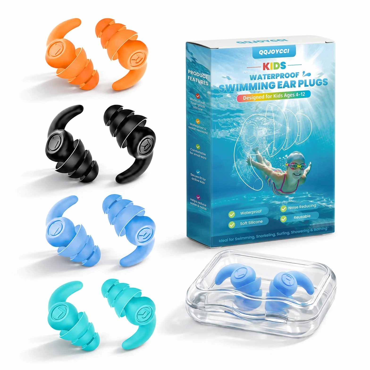 Tapones Oidos Natación para Niños, 4 Pares de Silicona Reutilizables, Protección para Ducharse y Nadar