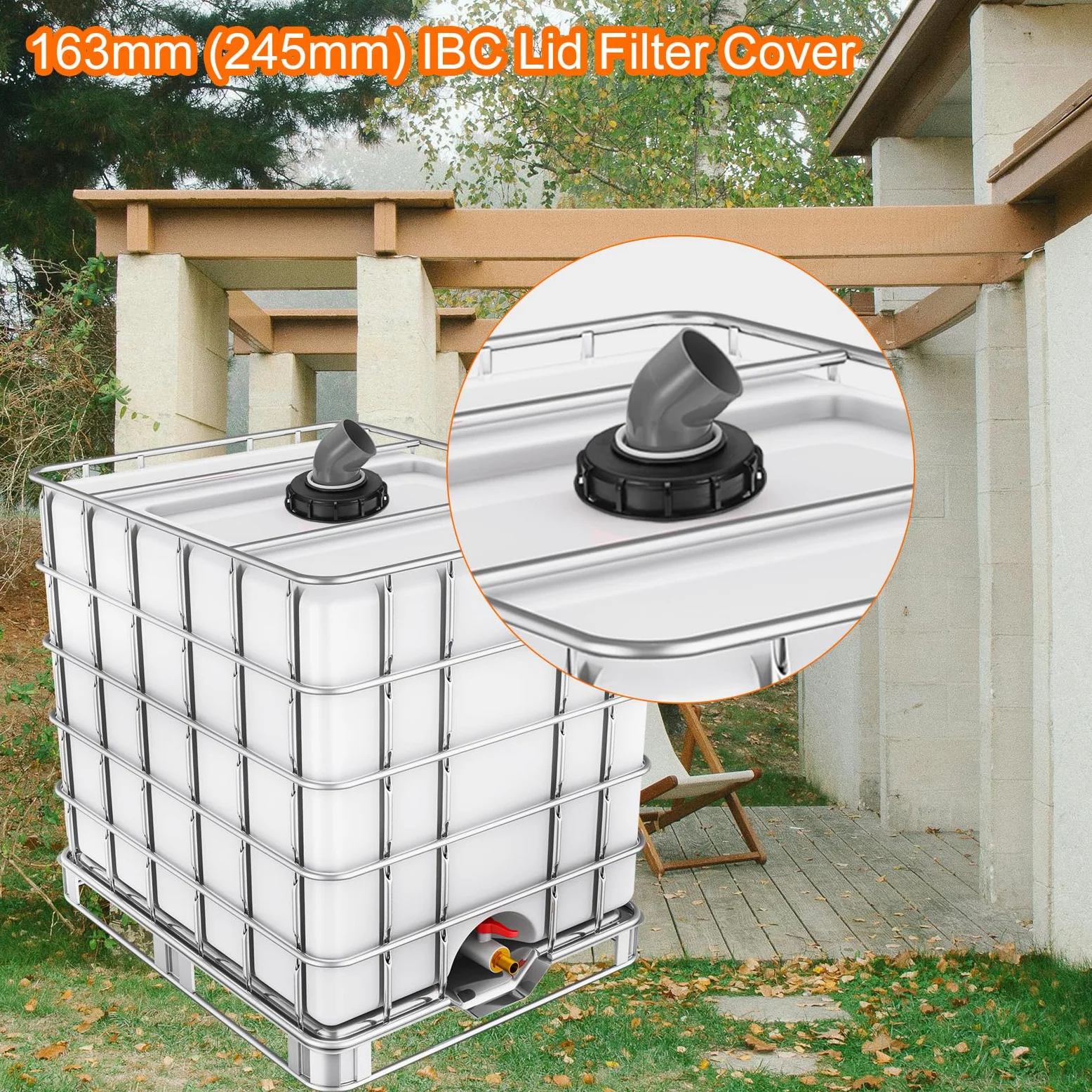 sourcing map Tapa de filtro IBC de 163 mm, adaptador de manguera de plástico IBC de 45°, contenedor de tanque de agua de lluvia de 1000 L con filtro de nailon lavable para tanques de agua de 275