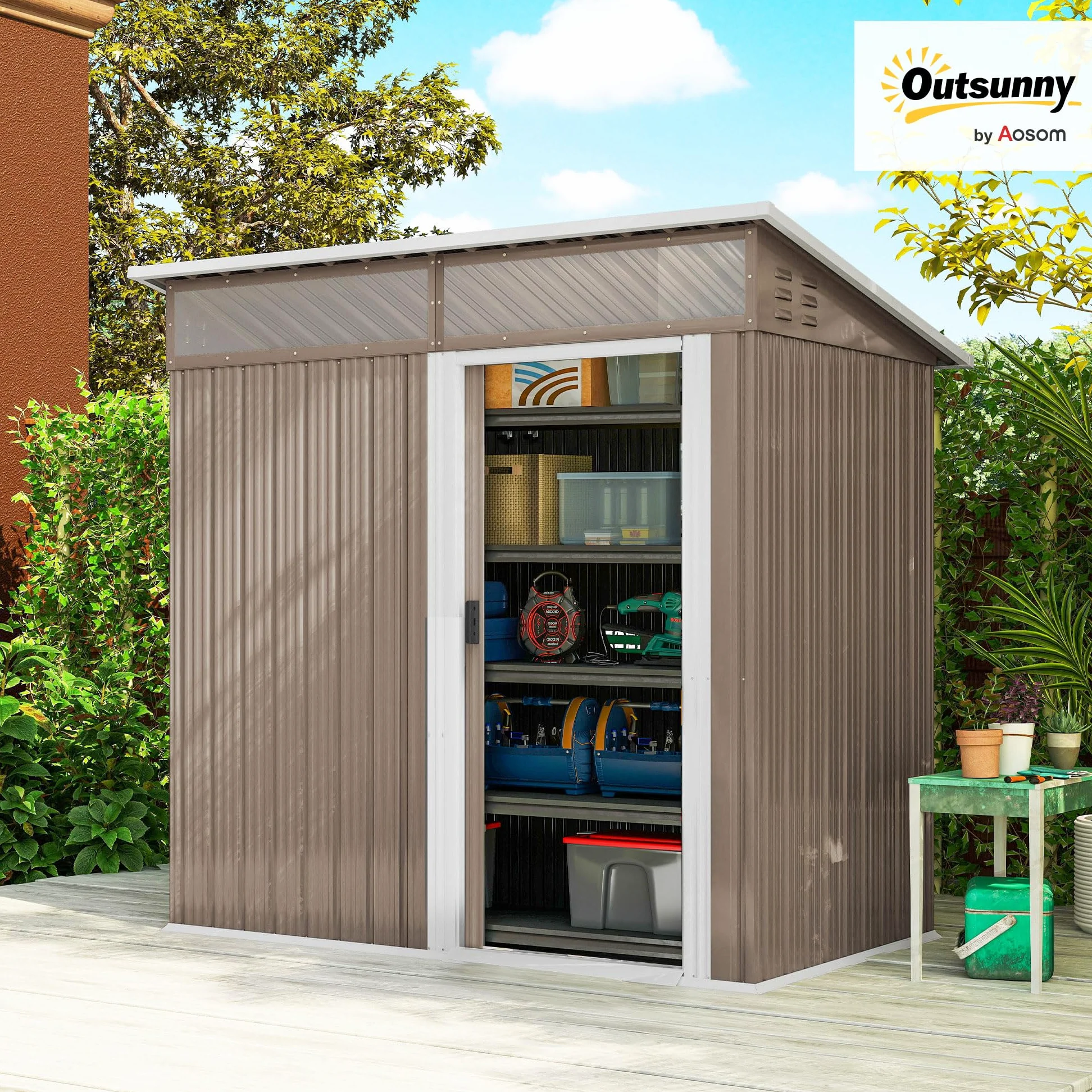 Outsunny Caseta de Jardín Exterior 1,9m² 195x122x182 cm Marrón | Cobertizo de Jardín Exterior, Base Refuerzo, Suelo NO Incluido, Puerta Corredera, Ventanas, para Patio