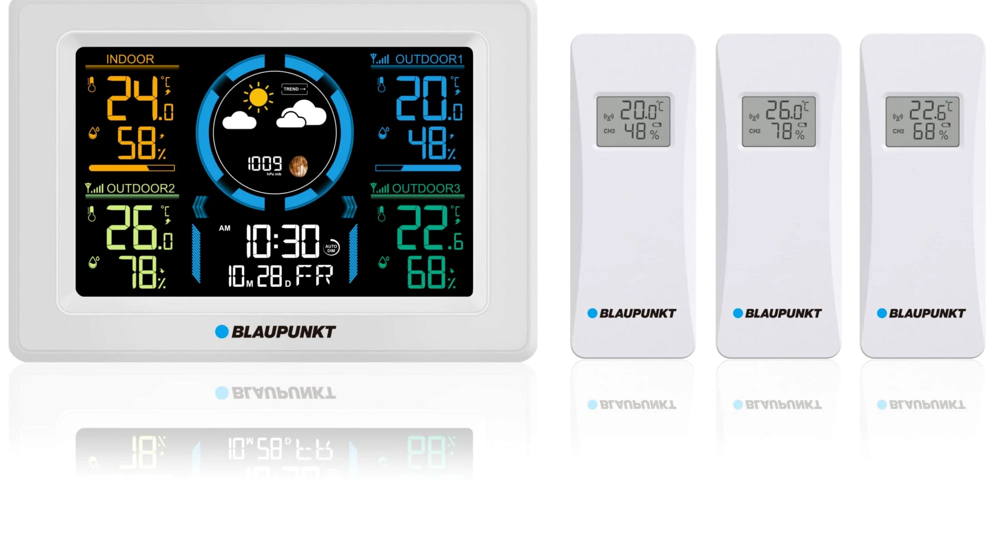 Estación meteorológica Blaupunkt, higrómetro, presión, pronóstico, 3 sensores, WS40WH