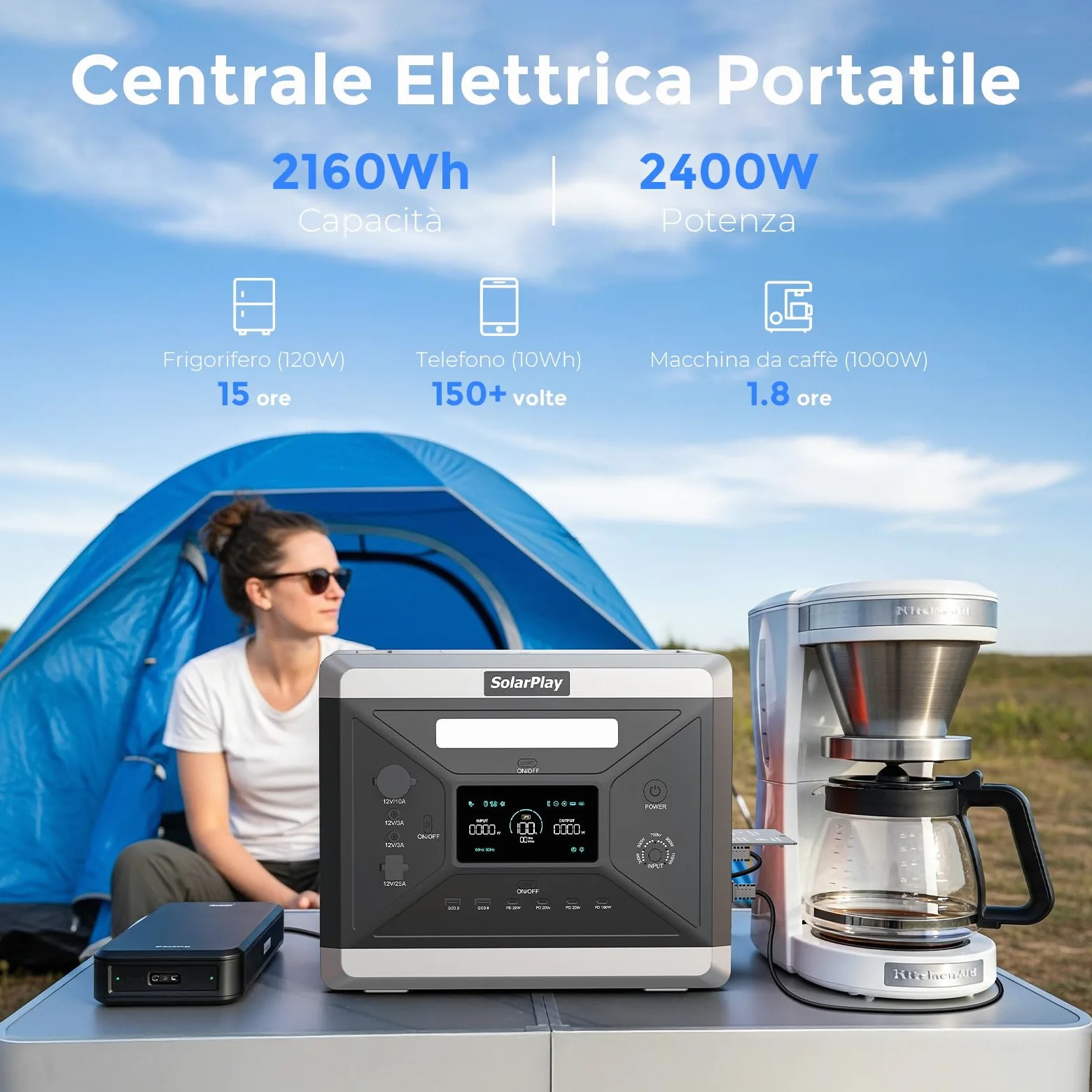 Solarplay - Estación de energía portátil, 2160 Wh LiFePO4, generador solar con salida de 2400 W, carga de CA y CC, completamente cargada en 1,5 horas para camping, autocaravana, jardín fuera de la red