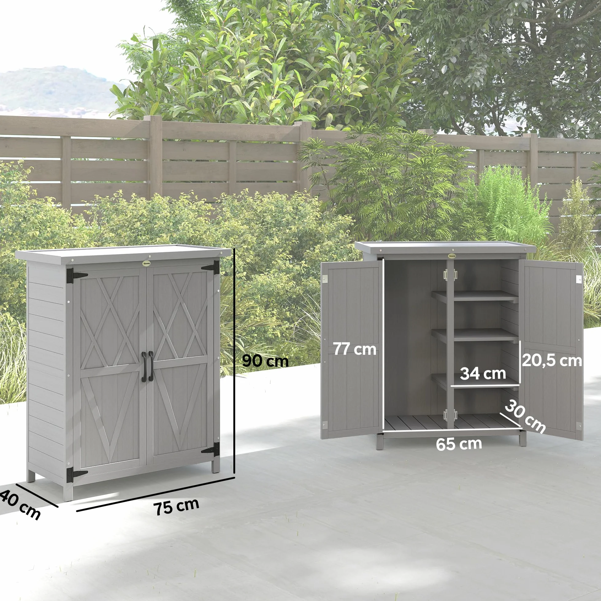 Outsunny Caseta de Jardín de Madera, 75x40x90 cm, Cobertizo Jardín Exterior, Armario para Almacenaje de Herramientas, con 4 Estantes, 2 Puertas y Techo de Acero Galvanizado, Gris