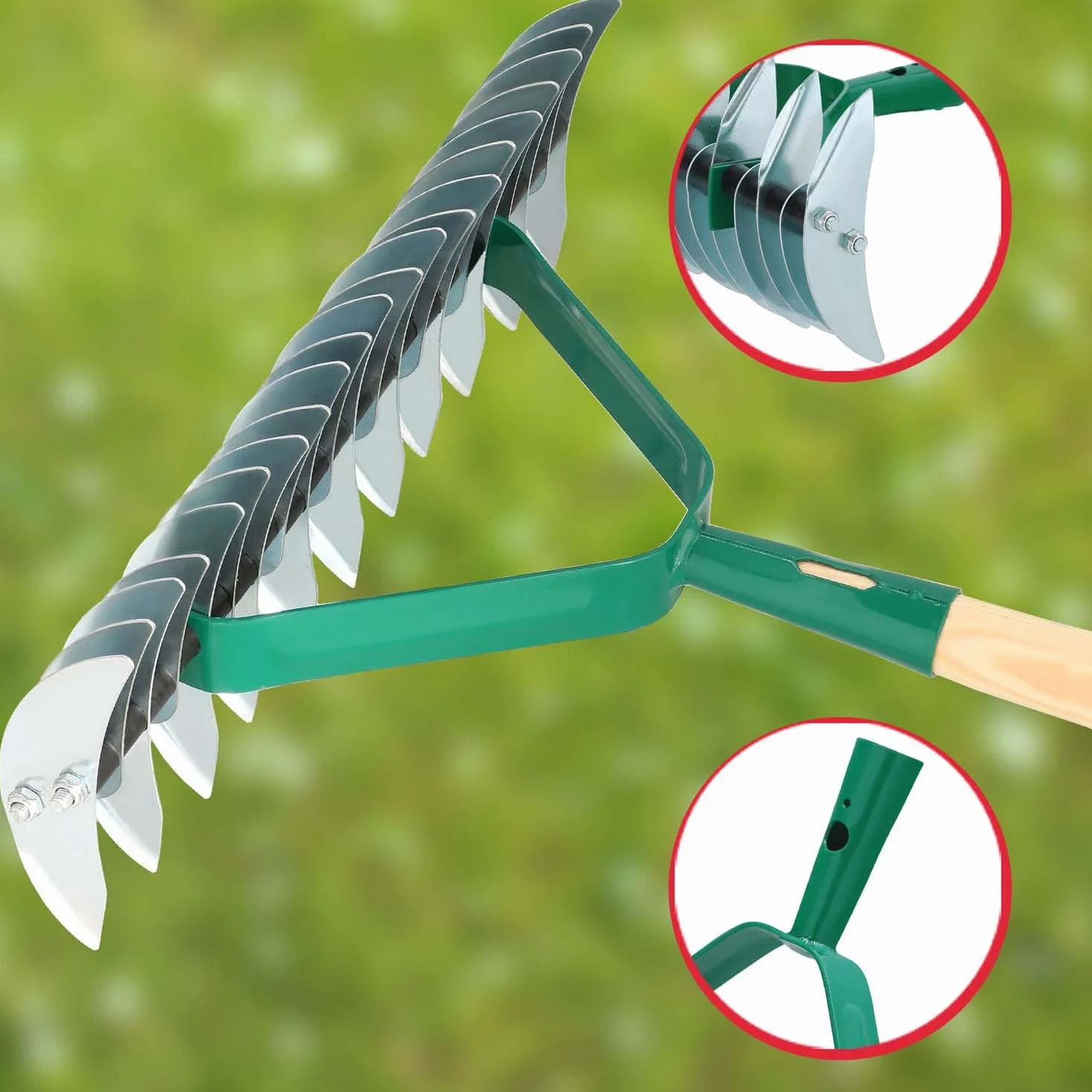 KOTARBAU® Escarificador de Doble Cara, Escarificador de Acero con Mango de Madera, Escarificador Manual, Rastrillo Cortador para Eliminar el Musgo y los restos de césped, Aireador