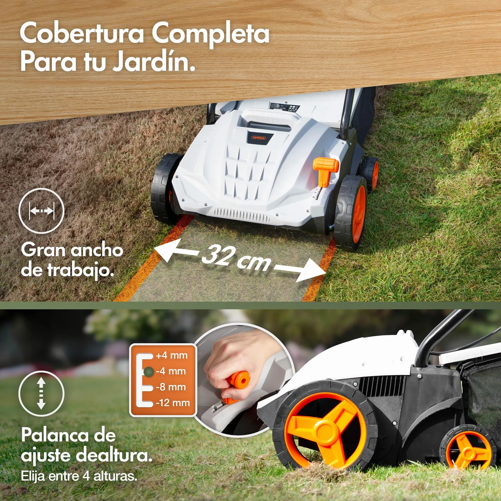 VonHaus Escarificador/Aireador/Rastrillo Eléctrico 1500W – Para Escarificar Y Rastrillar El Césped, Elimina Fieltro, Musgo Y Hojas Secas, Aireación Del Suelo, Caja 30L, 4 Alturas, Ancho 32cm