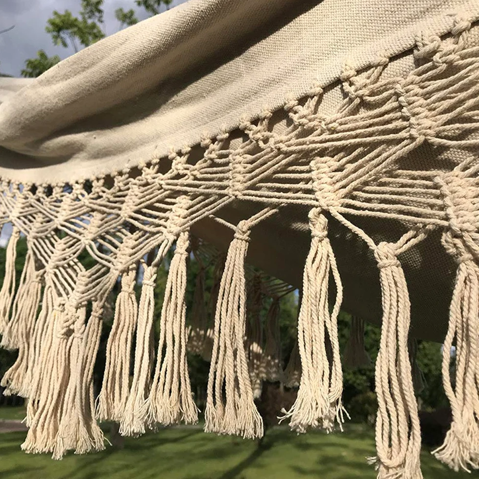 Hamaca de algodón tejida a mano para balcón, silla colgante de cuerda, columpio de porche con flecos de ganchillo para patio trasero, patio, jardín, exterior e interior, estilo bohemio, blanco natural