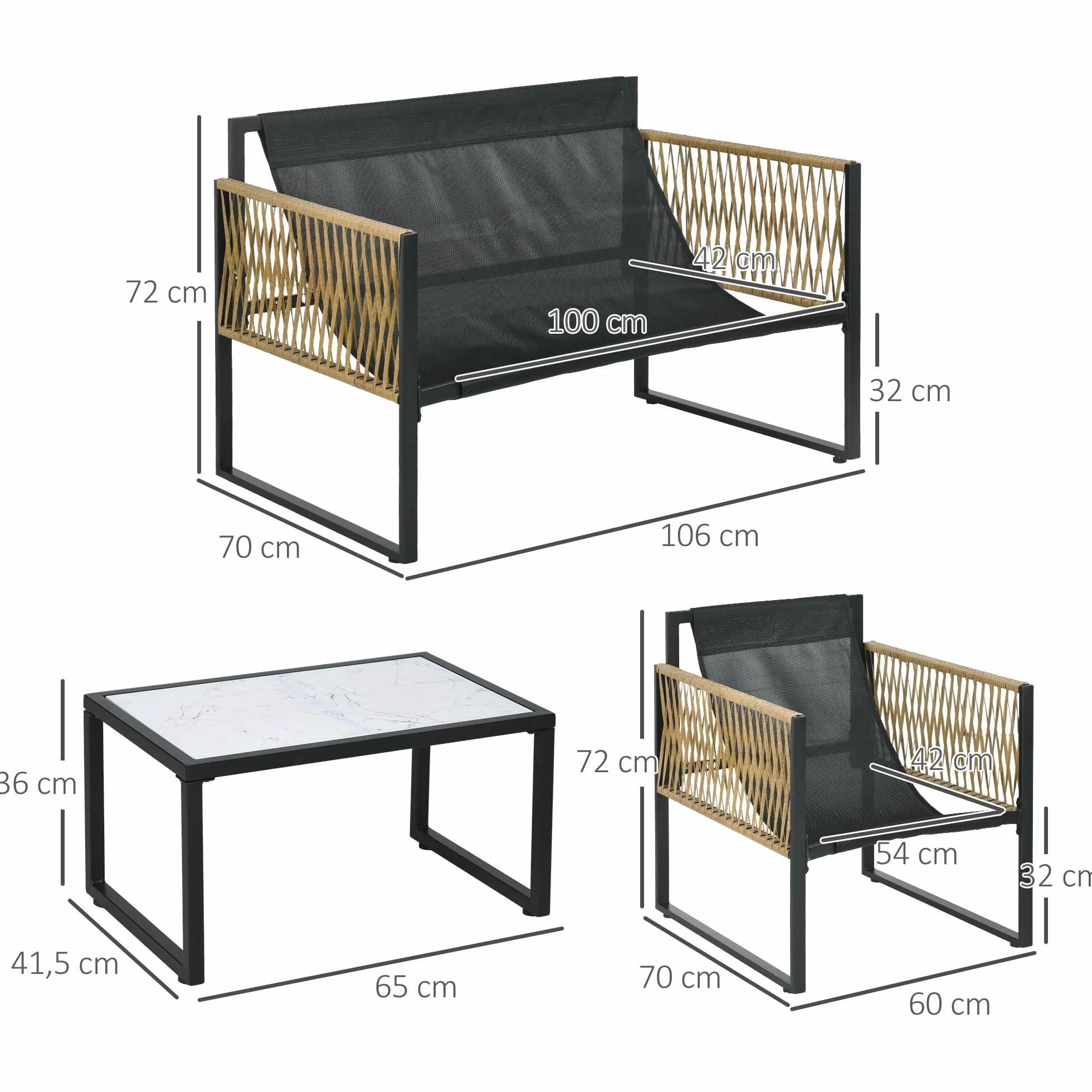 Outsunny Conjunto Jardín Exterior de Ratán, Muebles Jardín Exterior para 4 Piezas, Muebles Terraza con 1 Sofá de 2 Plazas, 2 Sillones, Cojines y 1 Mesa de Tablero de Vidrio, para Patio, Crema y Marrón