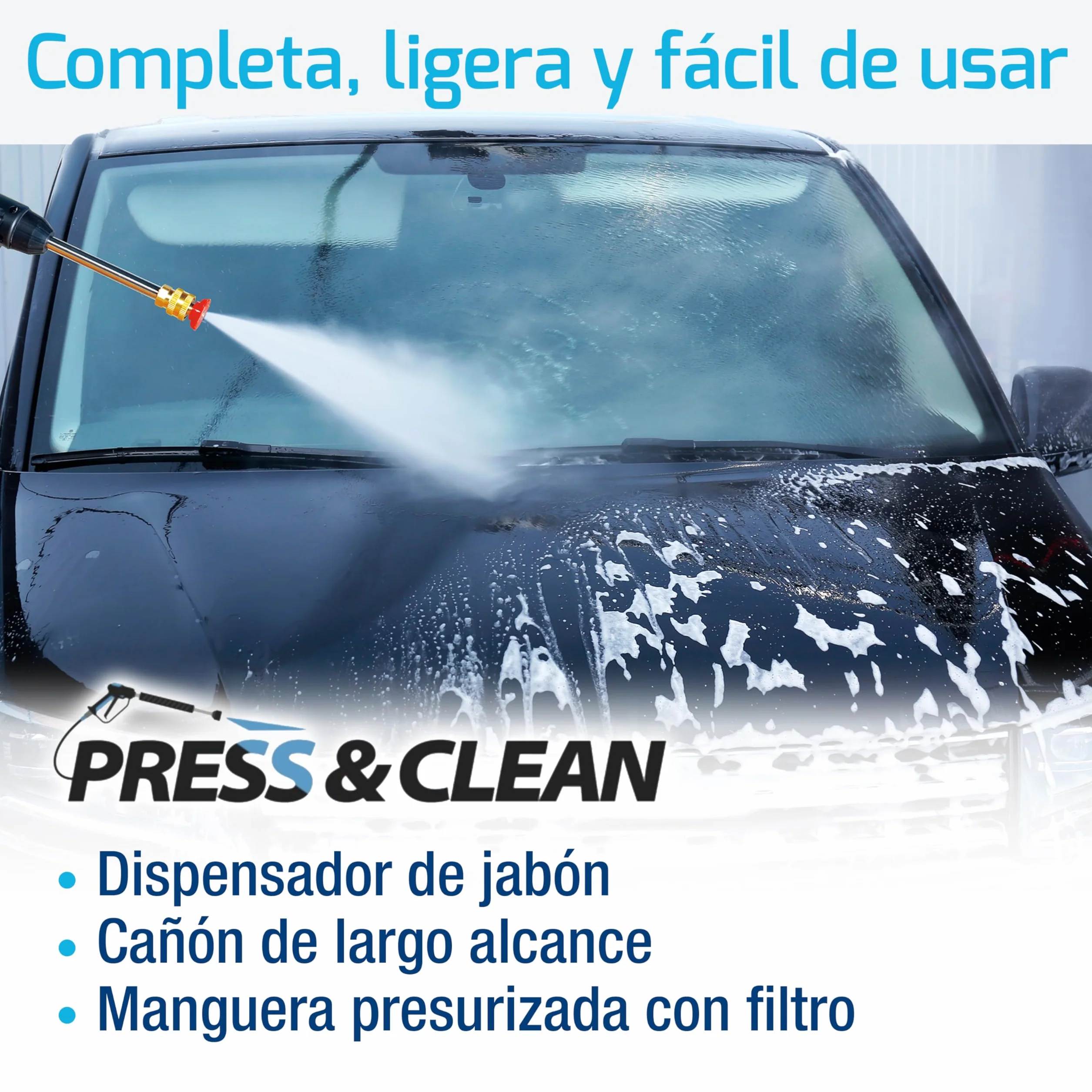 Press & Clean: Pistola de lavado de Alta Presión Portátil Sin Cables, Recargable. Accesorios: Cargador, Manguera presurizada con filtro, Dispensador jabón, Adaptador botellas, 2 Boquillas atomizadoras
