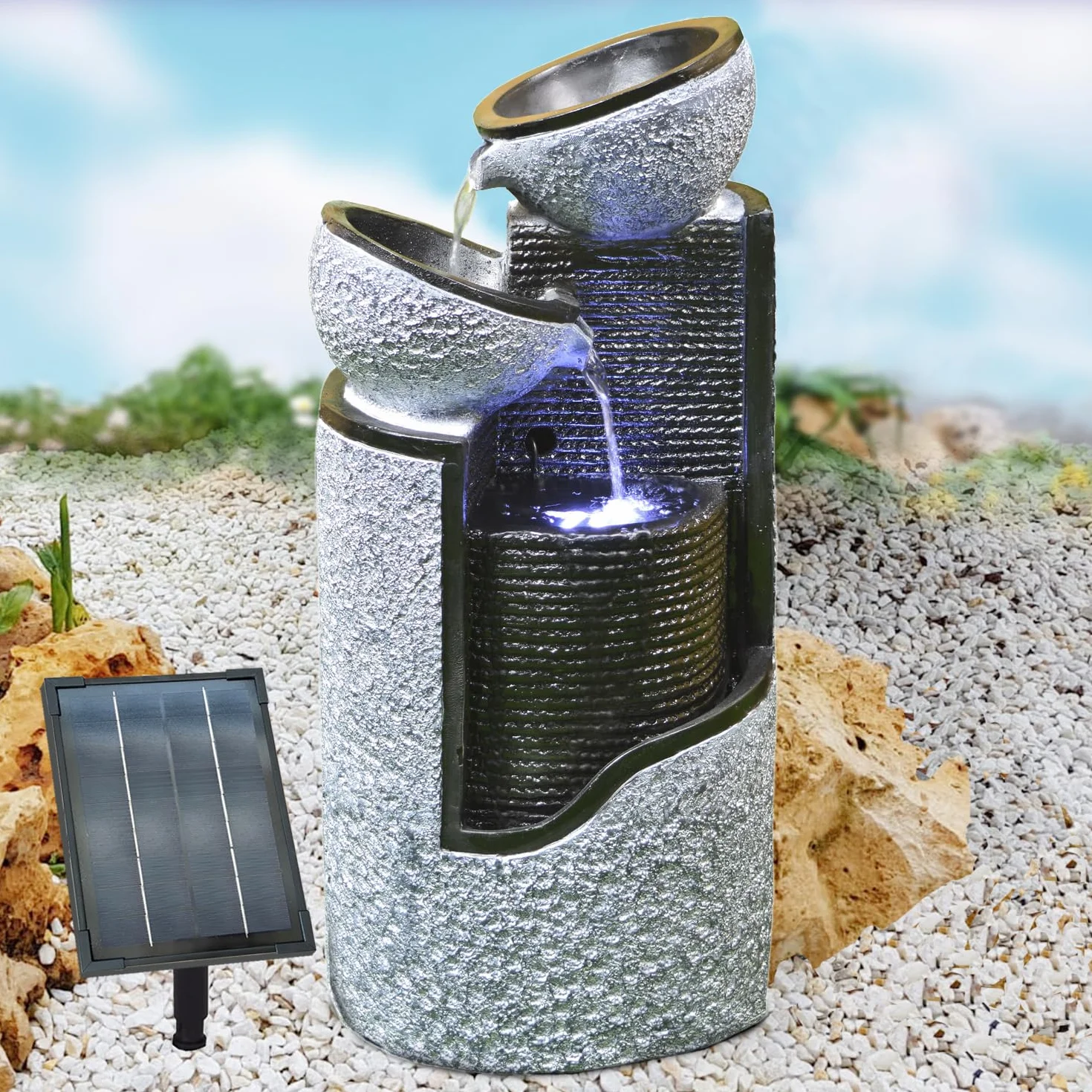 Fuente Solar Decorativa para Jardín con Bomba, Cascada y Luz - Baño para Pájaros y Estanque