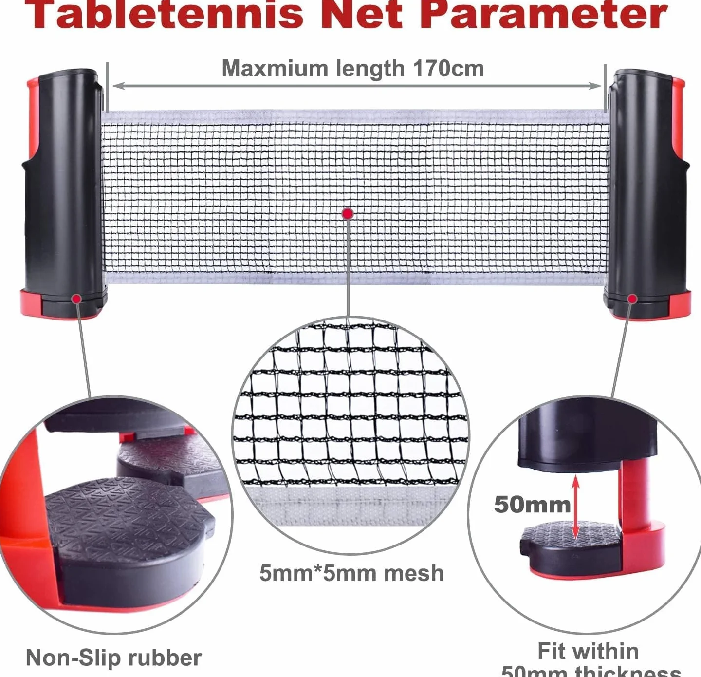 Red de ping pong retráctil portátil Sportout para mesa de ping pong, escritorio, cocina o comedor, negro/rojo