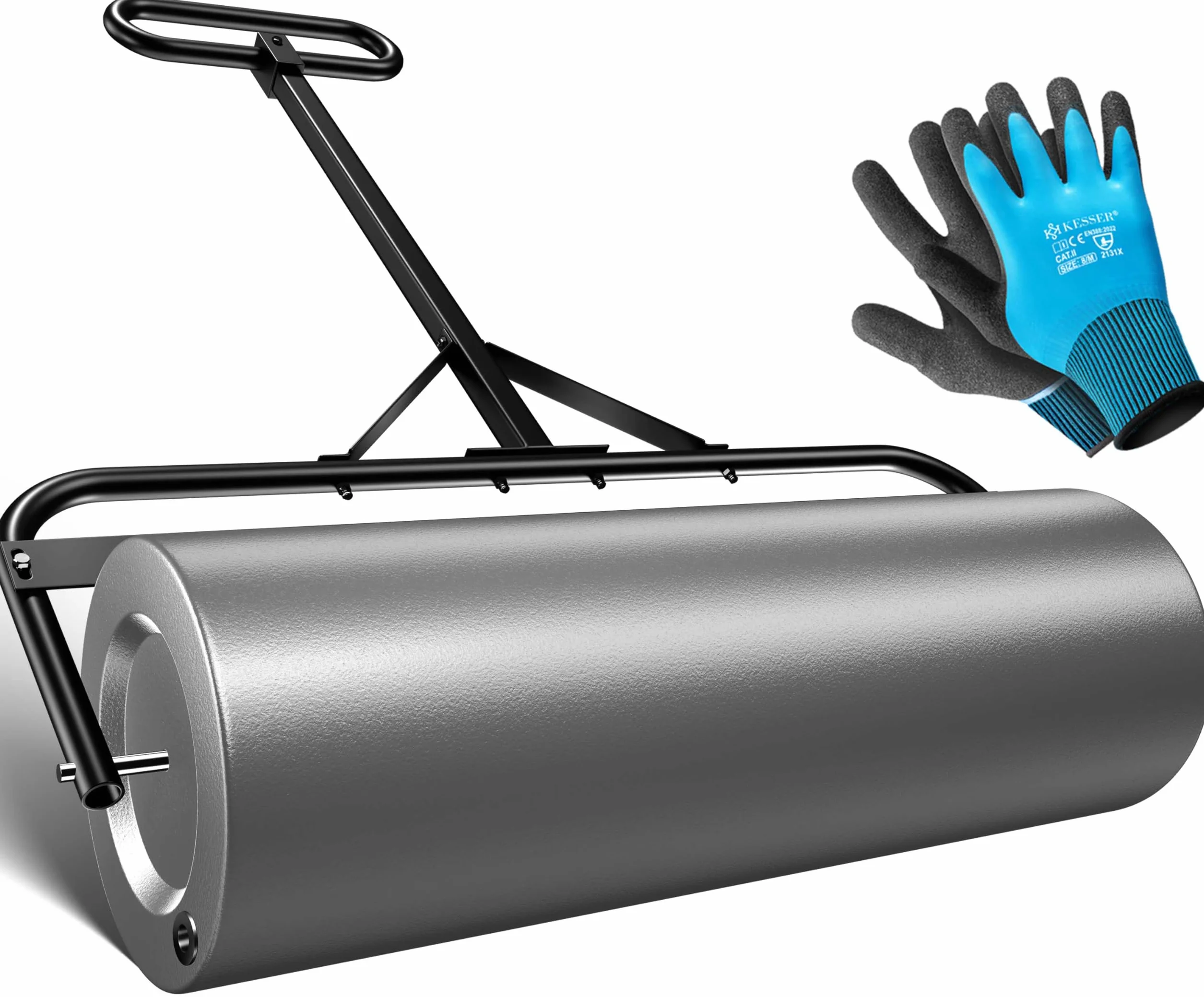 KESSER® Rodillo para césped de metal rellenable con agua o arena con 63 litros de volumen de llenado y 99 cm de ancho | Rodillo de jardín incluye guantes | Rodillo manual rodillo para césped rodillo