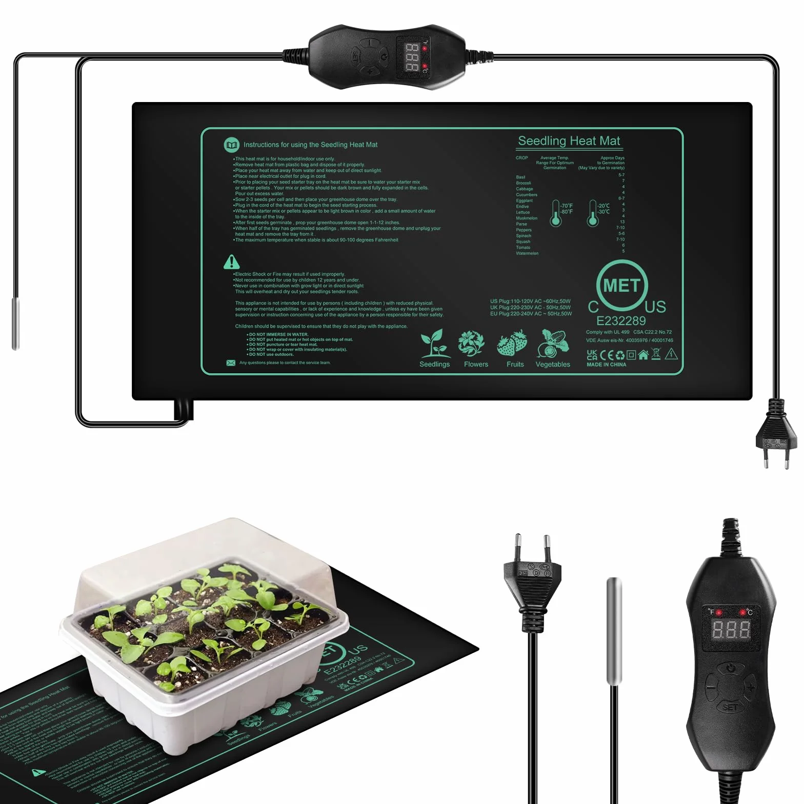 Esterilla calefactora con termostato, 50 W, estera de calefacción digital para plantas con termostato, estera térmica con termostato, estera térmica para plantas de semillero, germinación, anfibios,